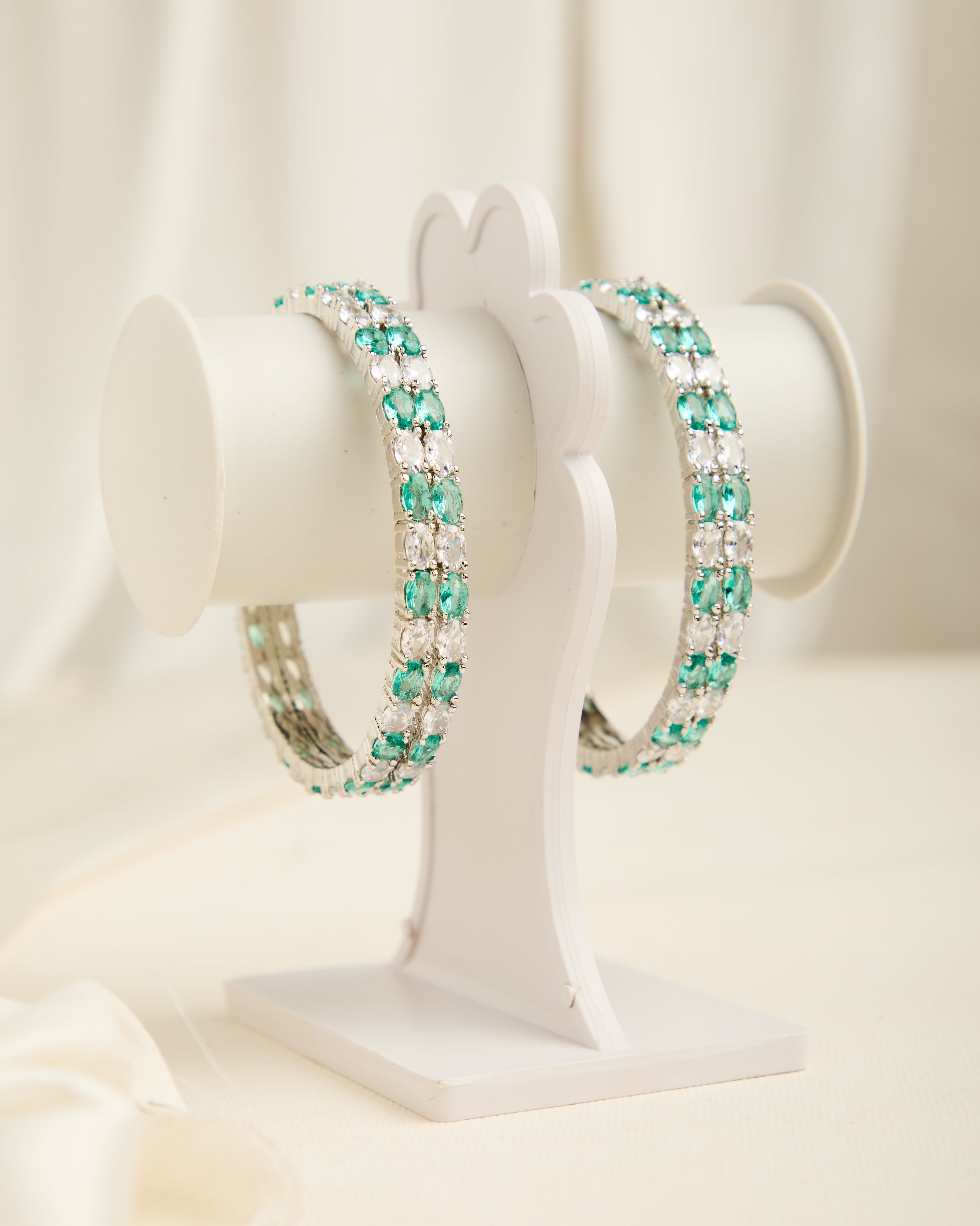 Rhodium Plated American Diamond Designer Set of 4 Bangles with Green Stones for Women