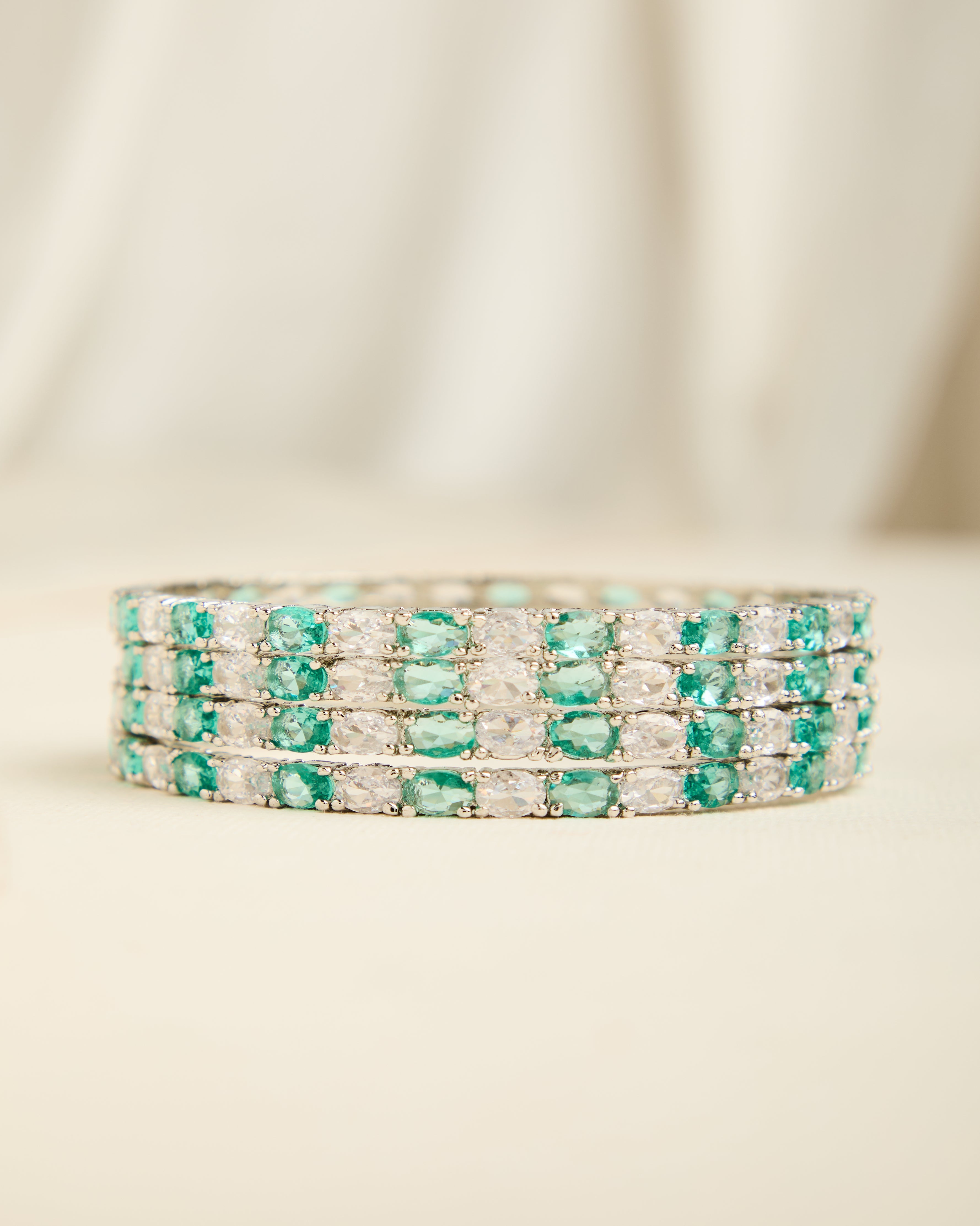 Rhodium Plated American Diamond Designer Set of 4 Bangles with Green Stones for Women