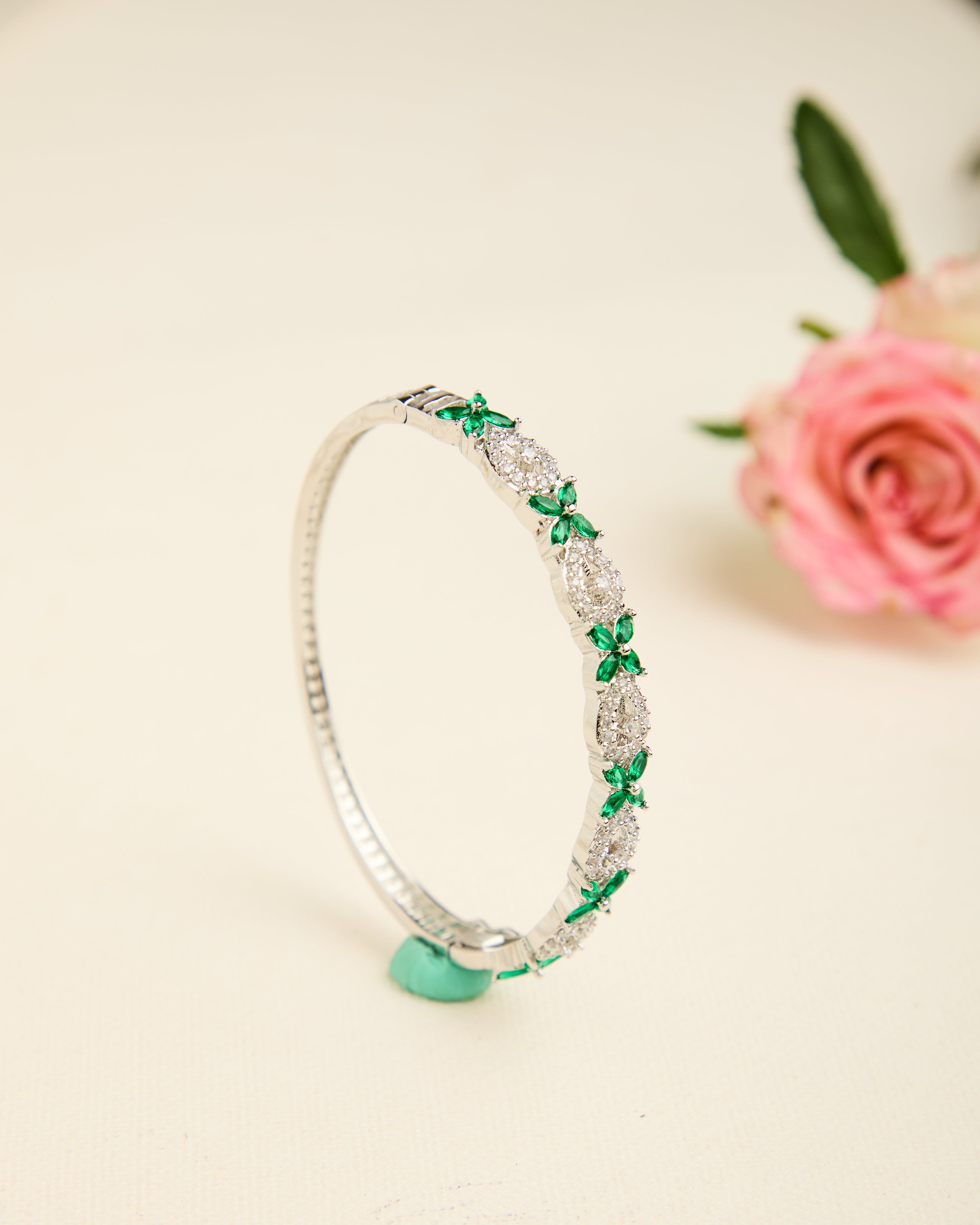 Delicate Floral Green American Diamond Studded Bracelet for Women