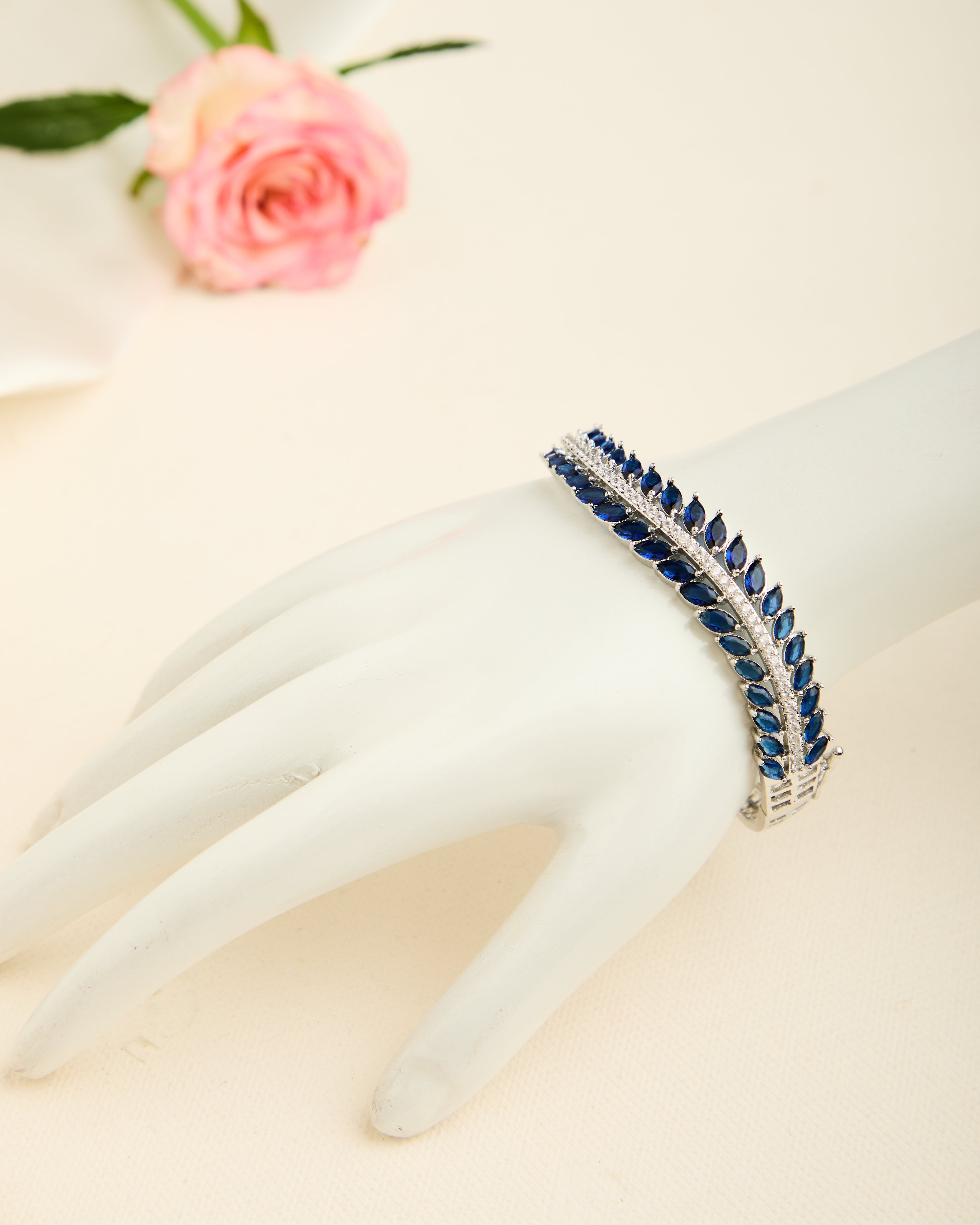 Silver Plated Blue American Diamond Studded Bracelet for Women