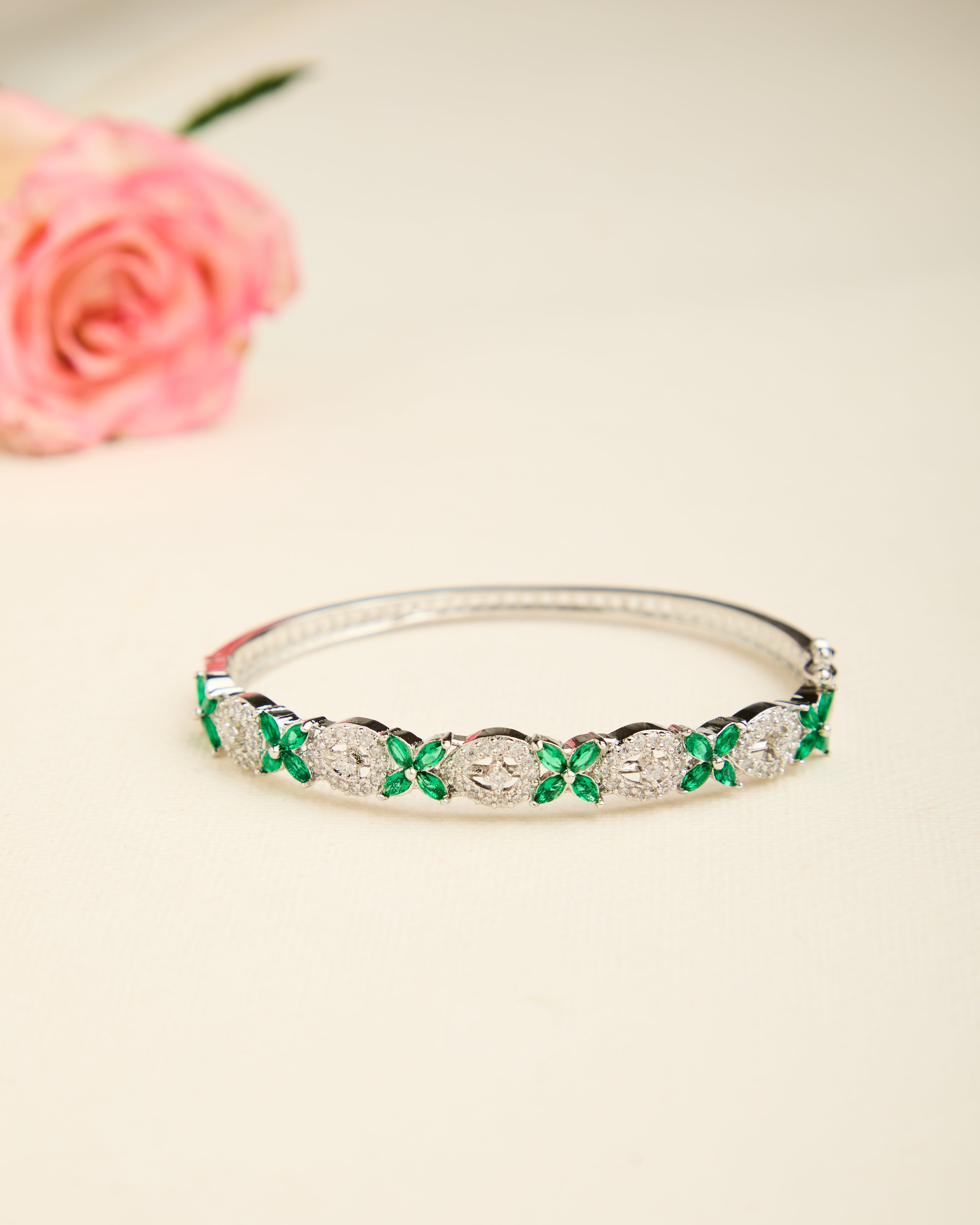 Delicate Floral Green American Diamond Studded Bracelet for Women