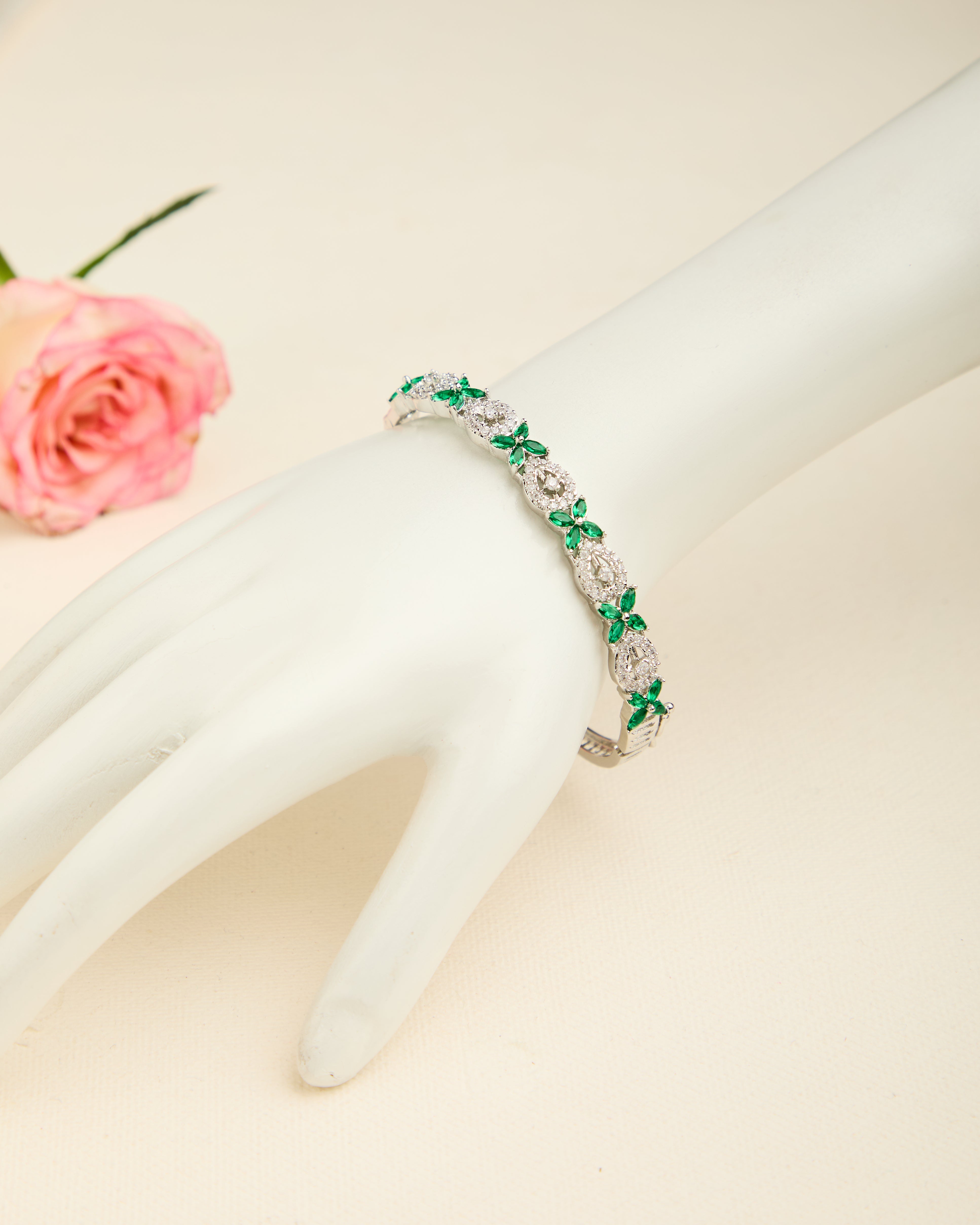 Delicate Floral Green American Diamond Studded Bracelet for Women