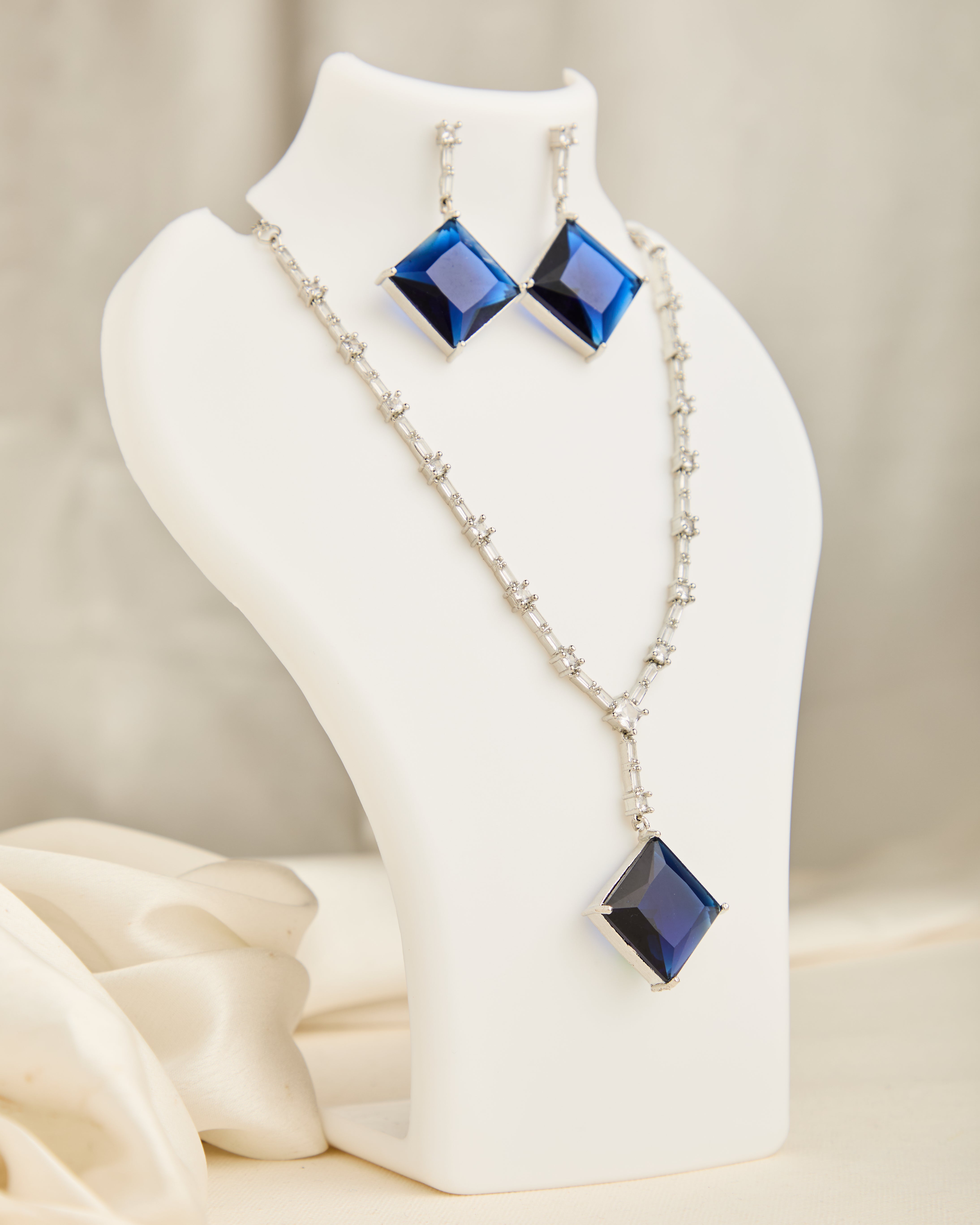 Silver Toned And Blue American Diamond Studded Jewellery Set