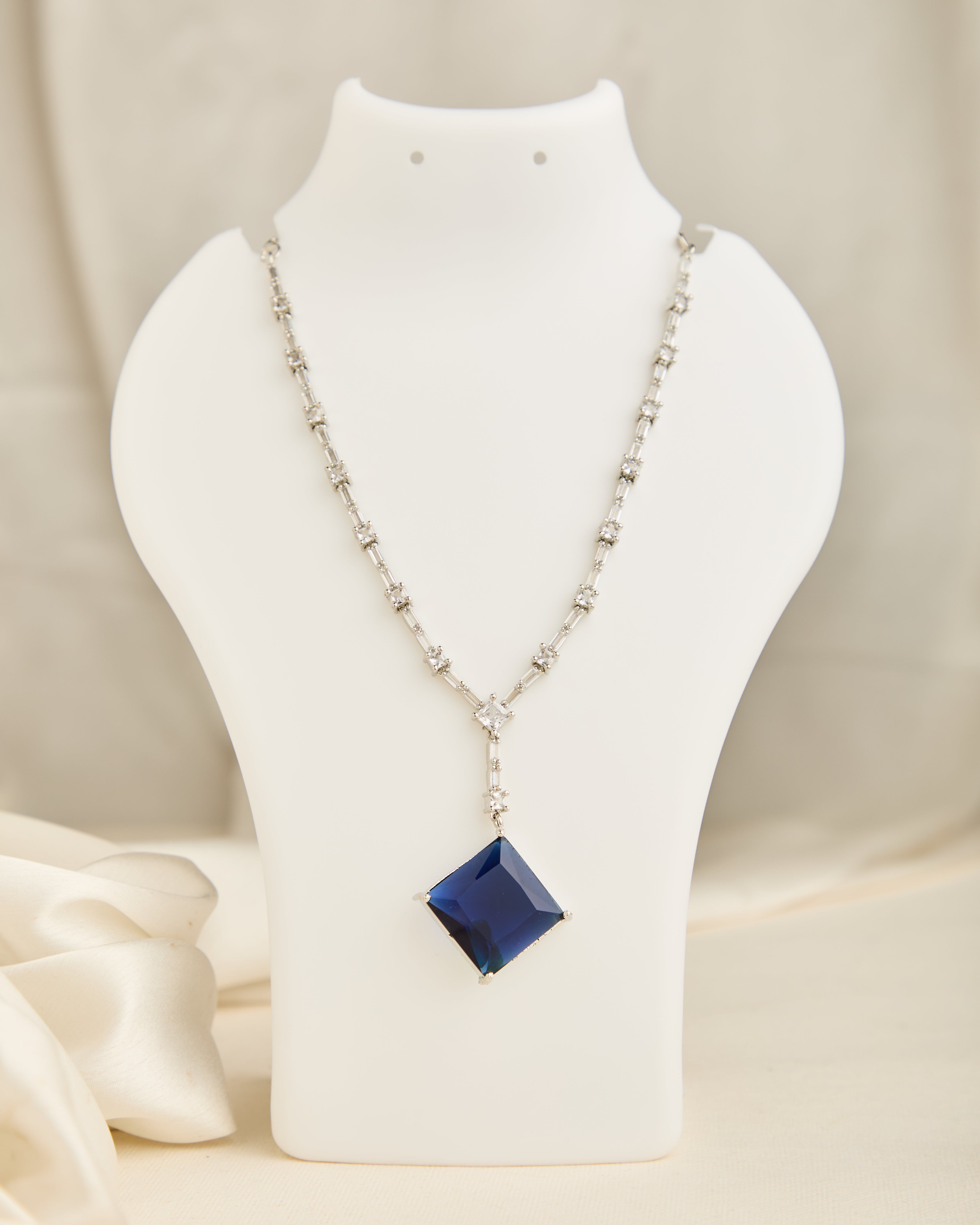 Silver Toned And Blue American Diamond Studded Jewellery Set