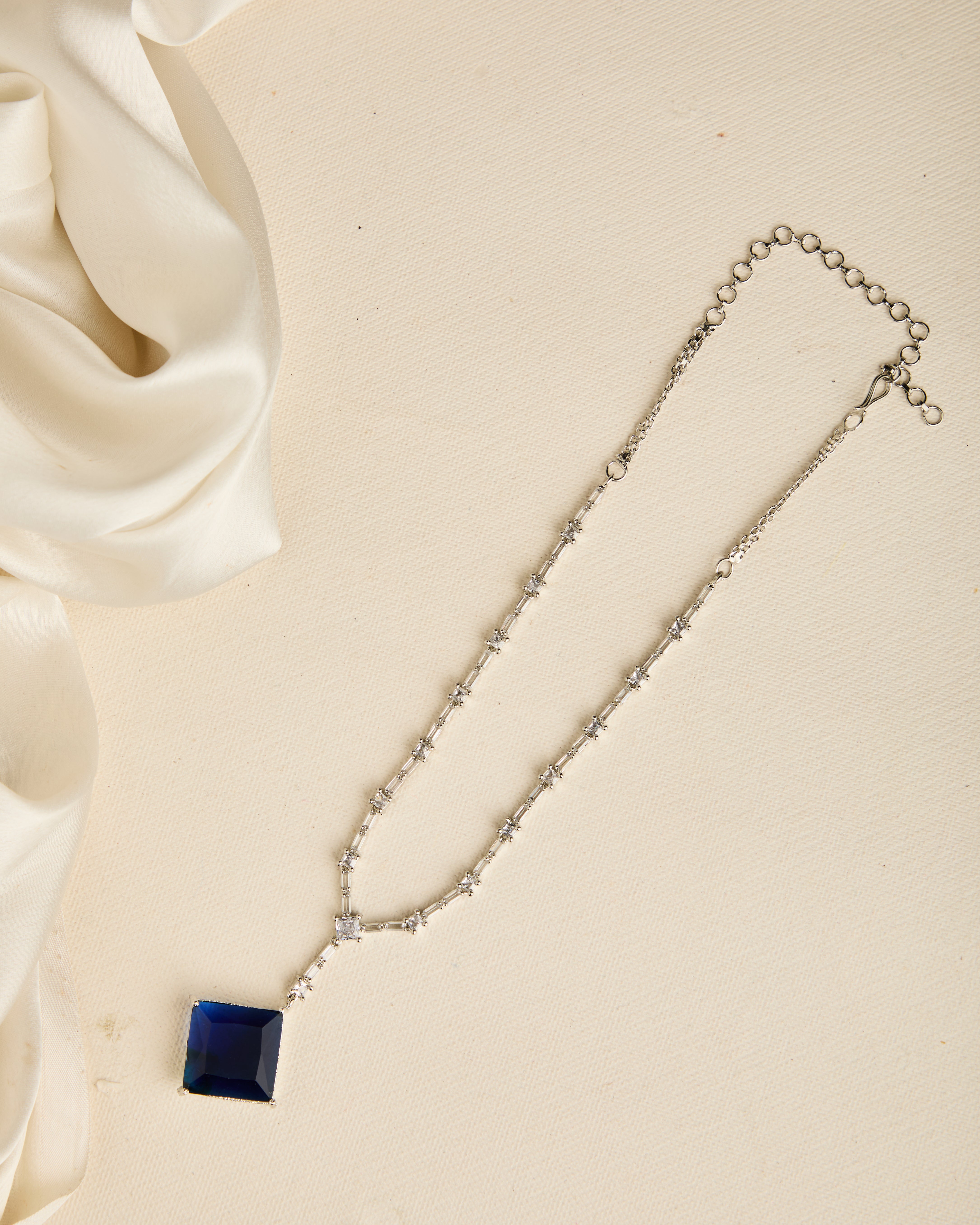 Silver Toned And Blue American Diamond Studded Jewellery Set