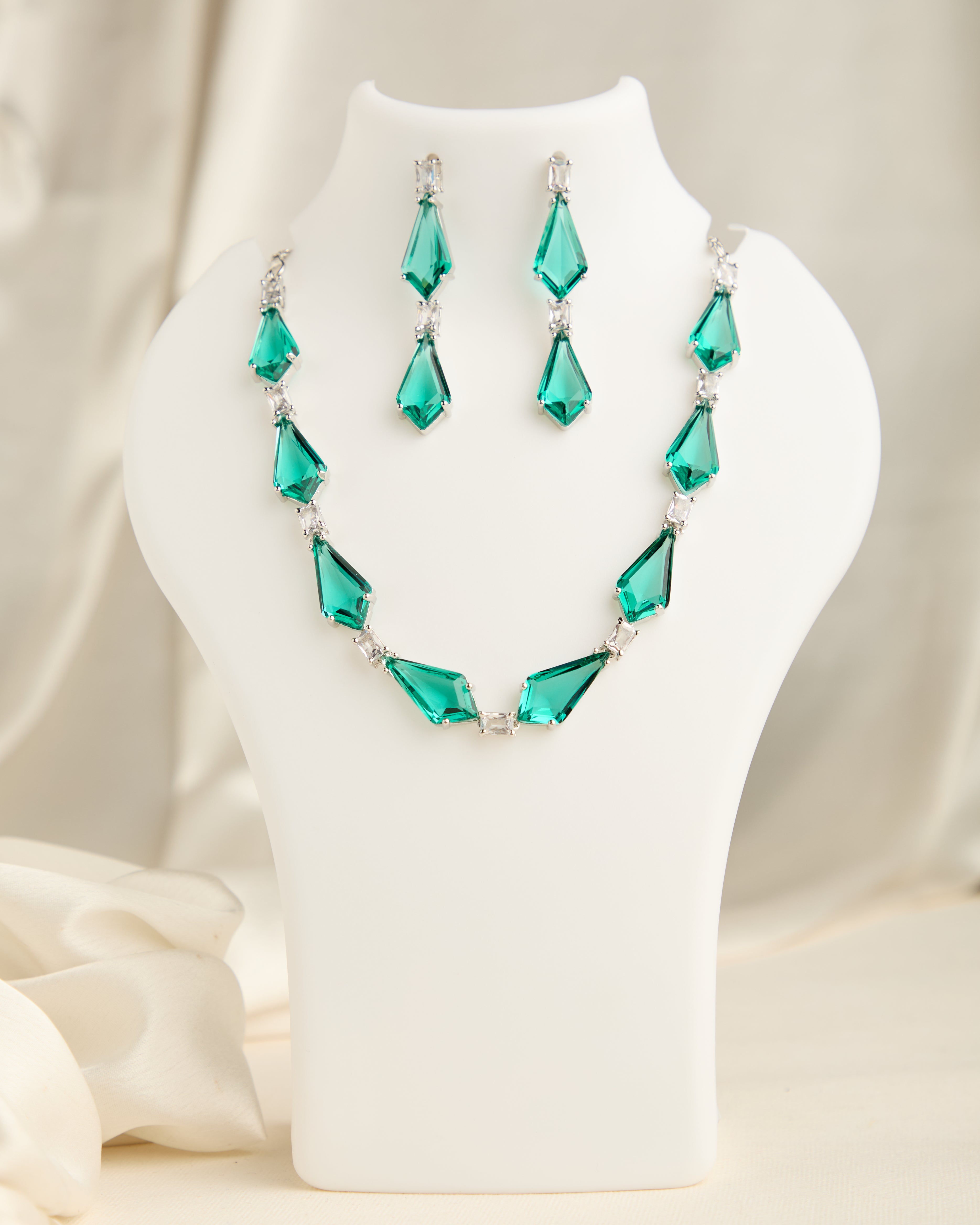Premium Handcrafted Green American Diamond Necklace Set for Woman