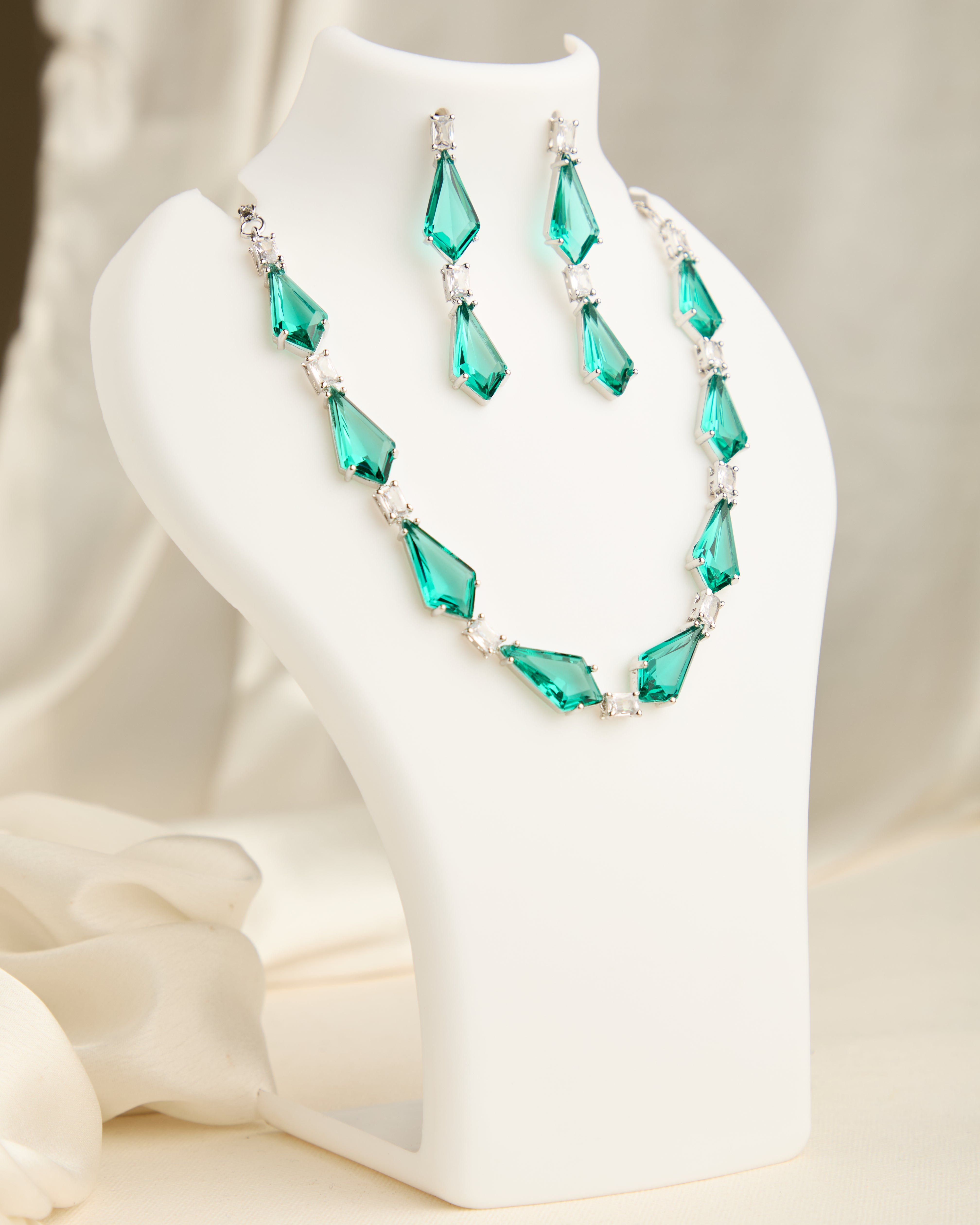 Premium Handcrafted Green American Diamond Necklace Set for Woman