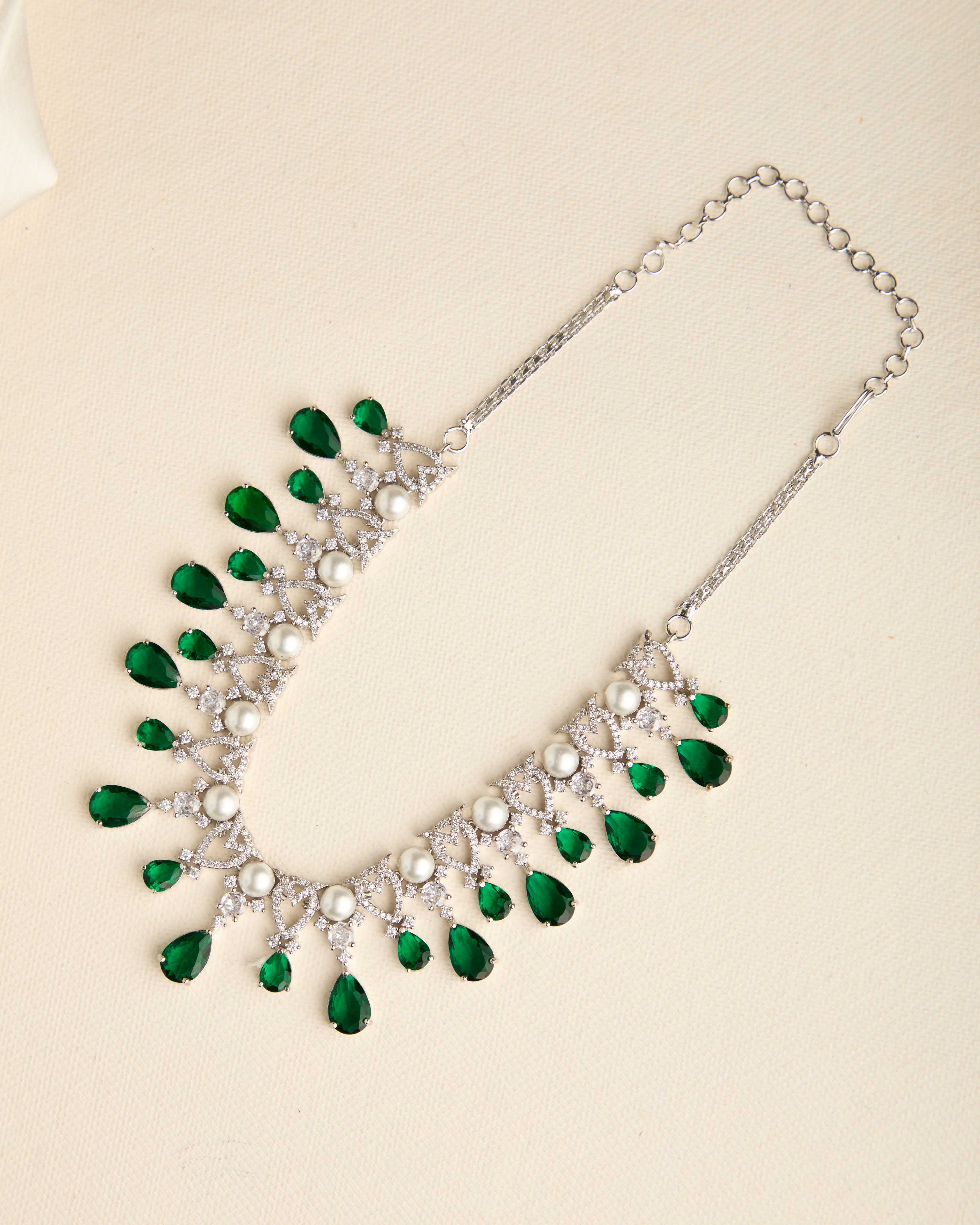 Premium Silver Plated Green American Diamond Studded Necklace Set for Women