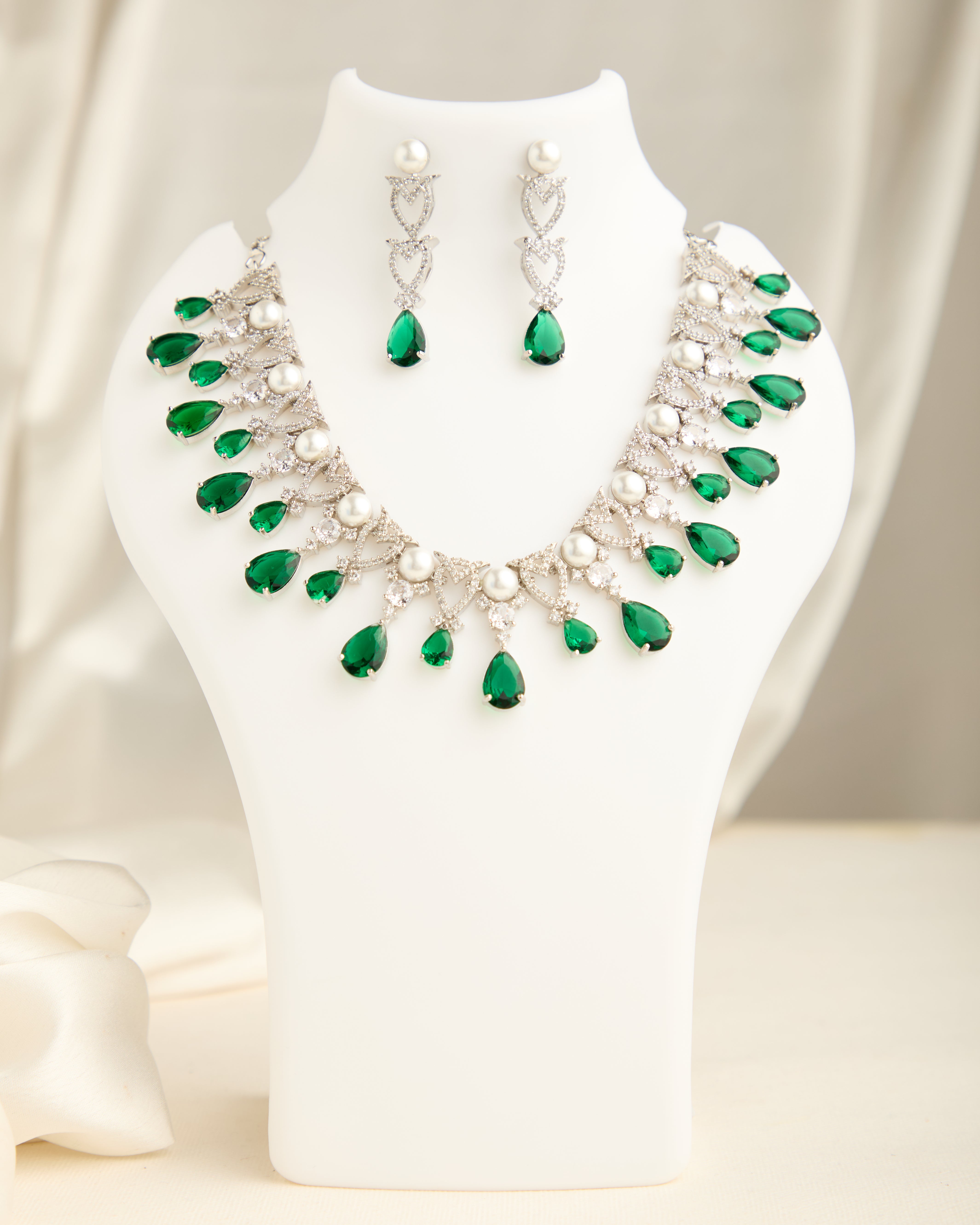 Premium Silver Plated Green American Diamond Studded Necklace Set for Women