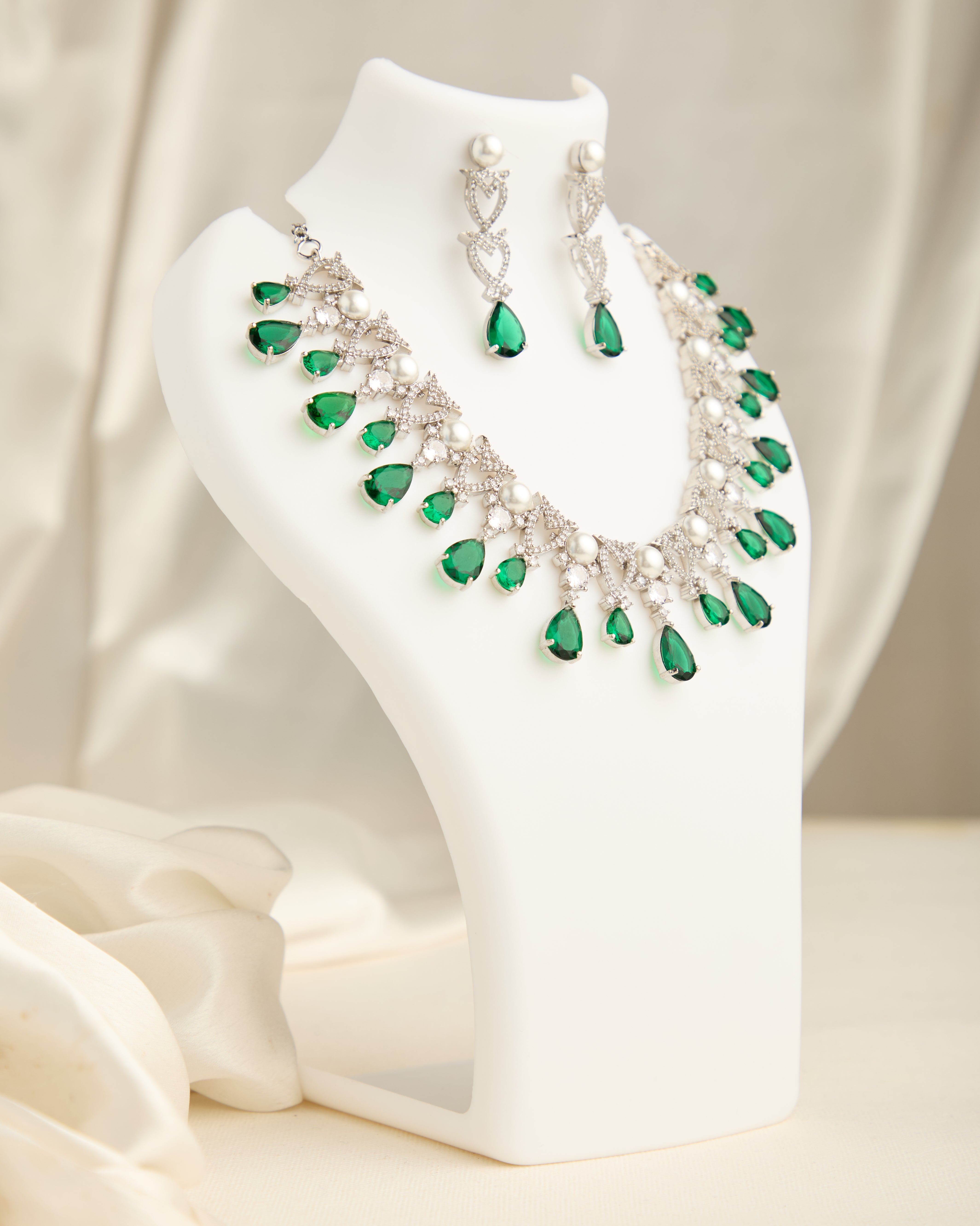 Premium Silver Plated Green American Diamond Studded Necklace Set for Women