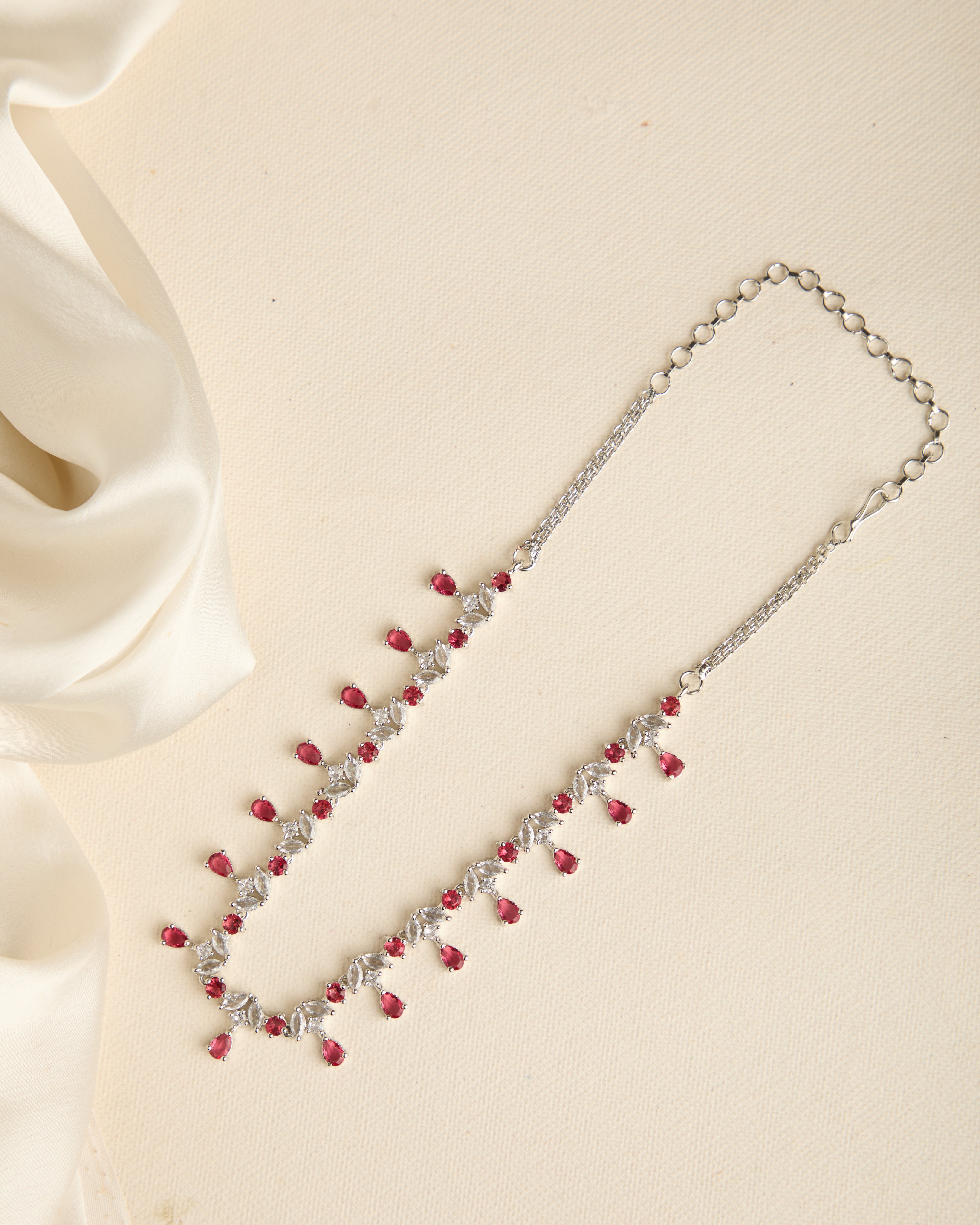 Red American Diamond Studded Silver Plated Necklace Set for Women