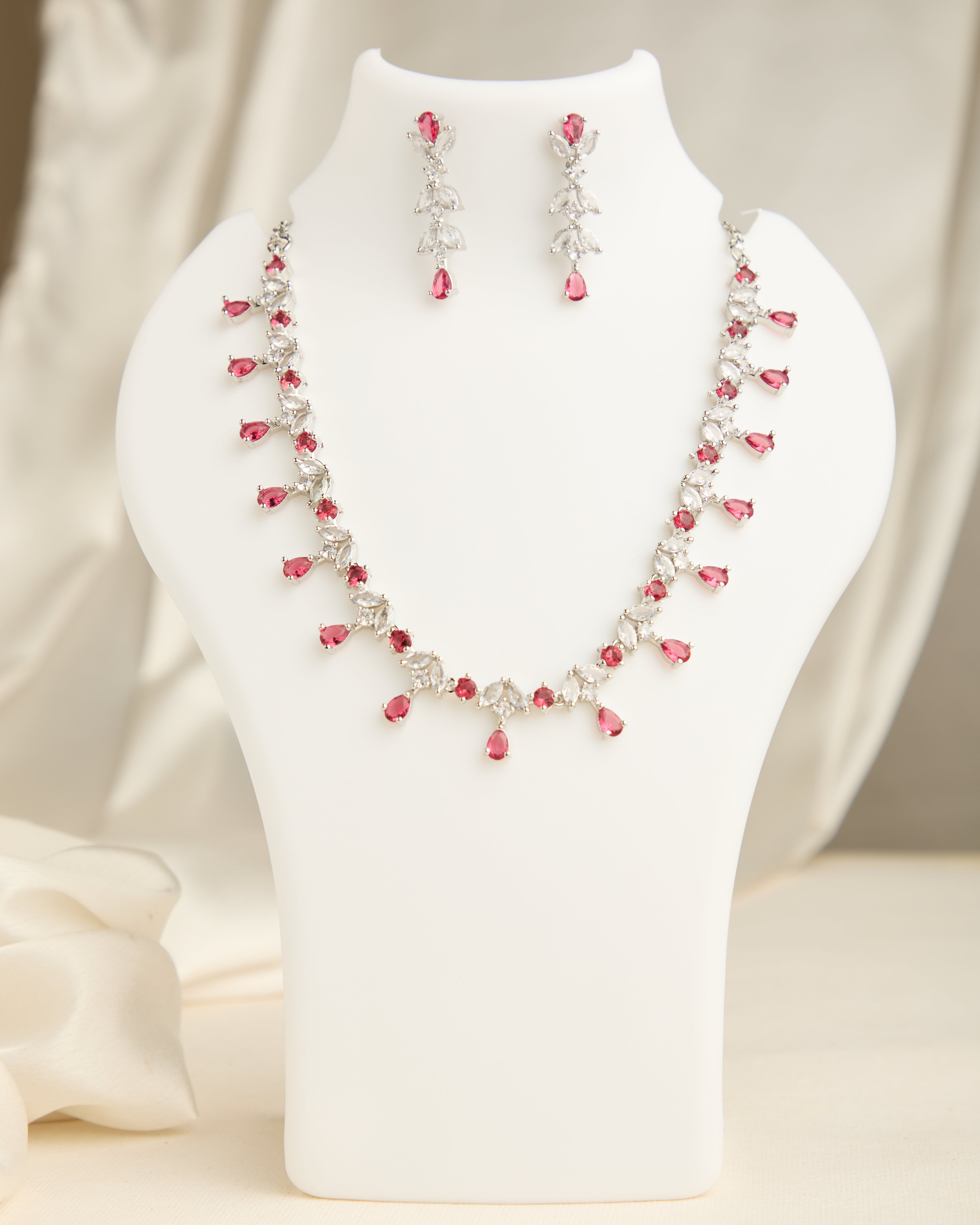 Red American Diamond Studded Silver Plated Necklace Set for Women