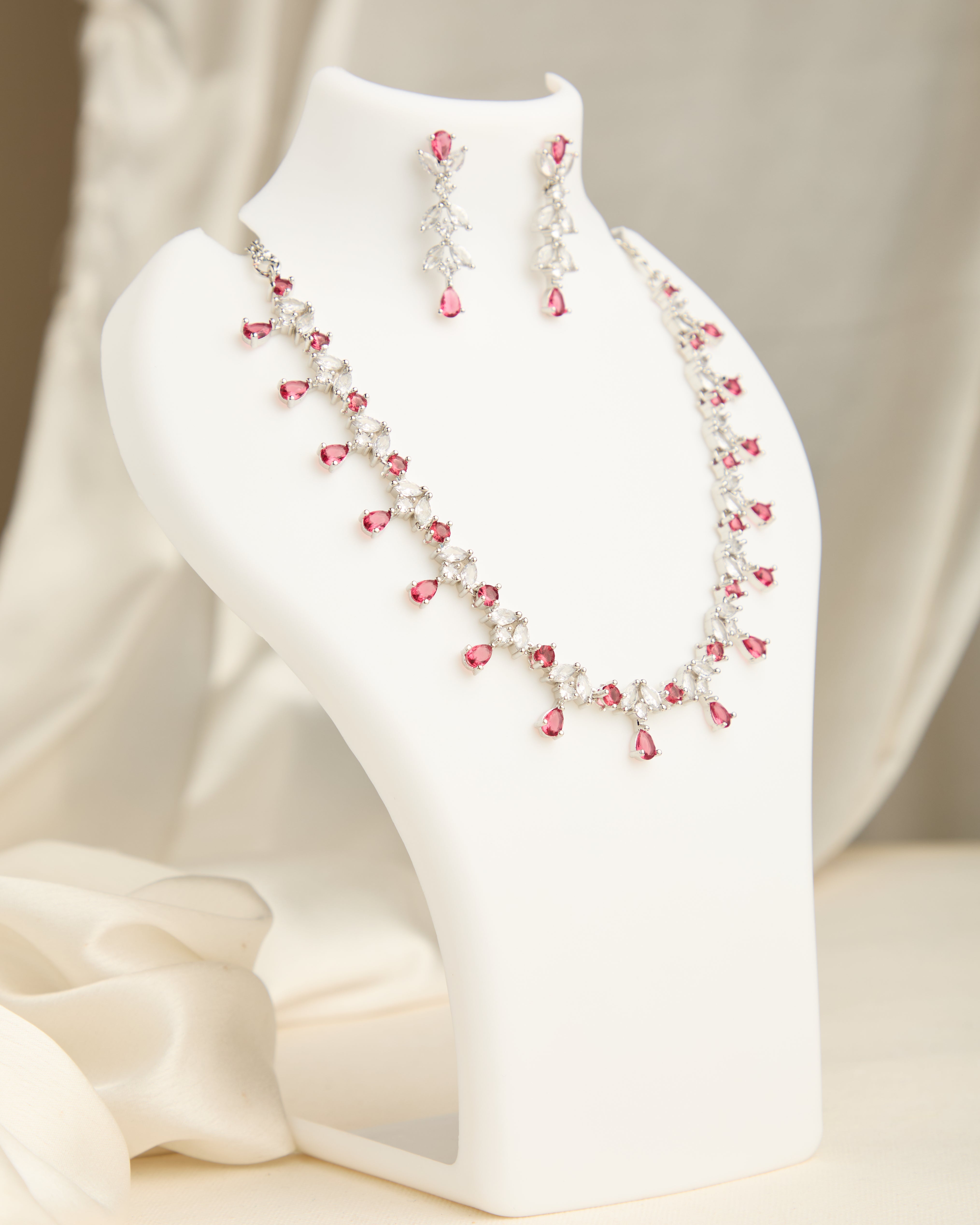 Red American Diamond Studded Silver Plated Necklace Set for Women