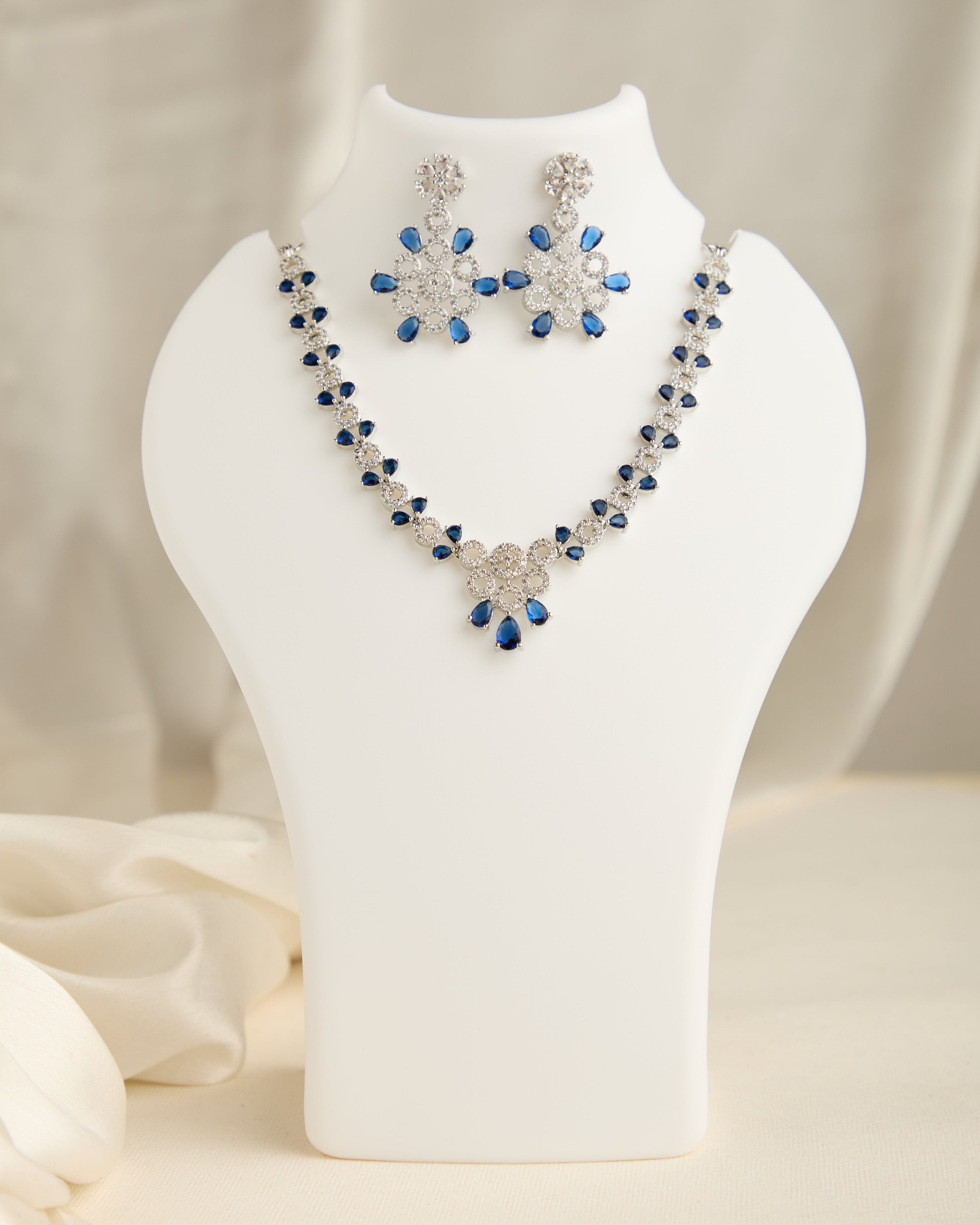 Silver Plated Blue American Diamond Necklace Set for Women