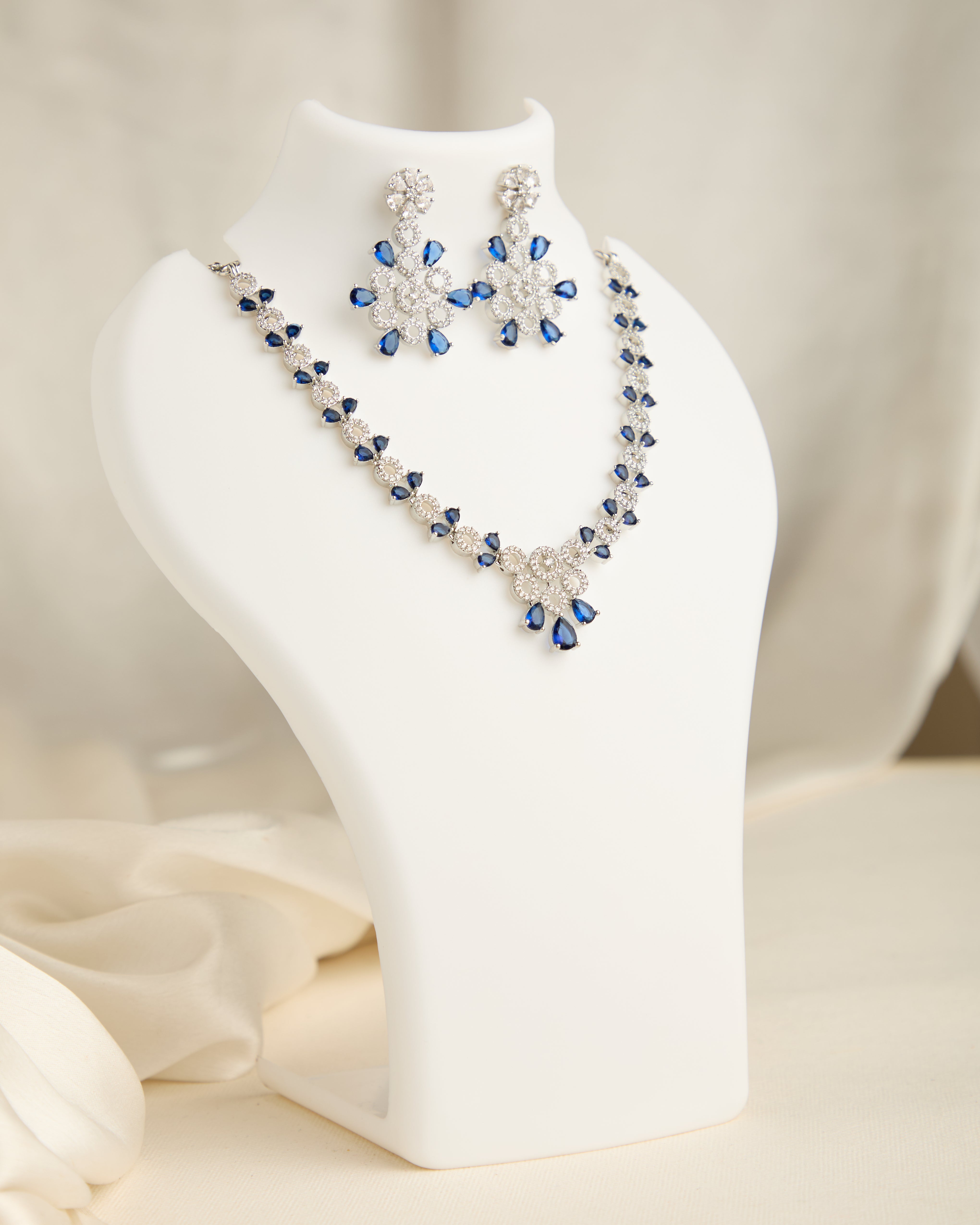 Silver Plated Blue American Diamond Necklace Set for Women