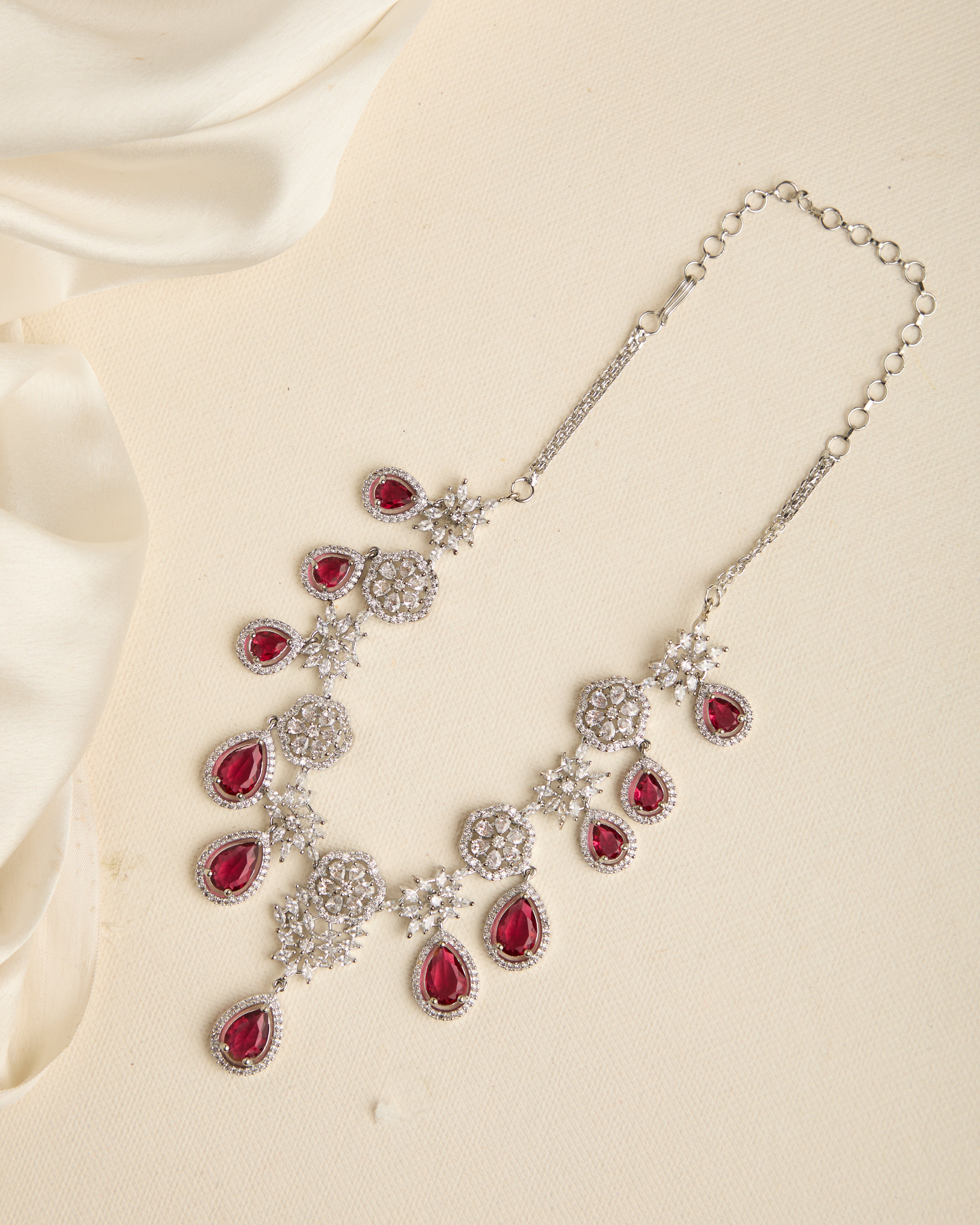Beautiful Silver Plated Red American Diamond Studded Necklace Set for Women