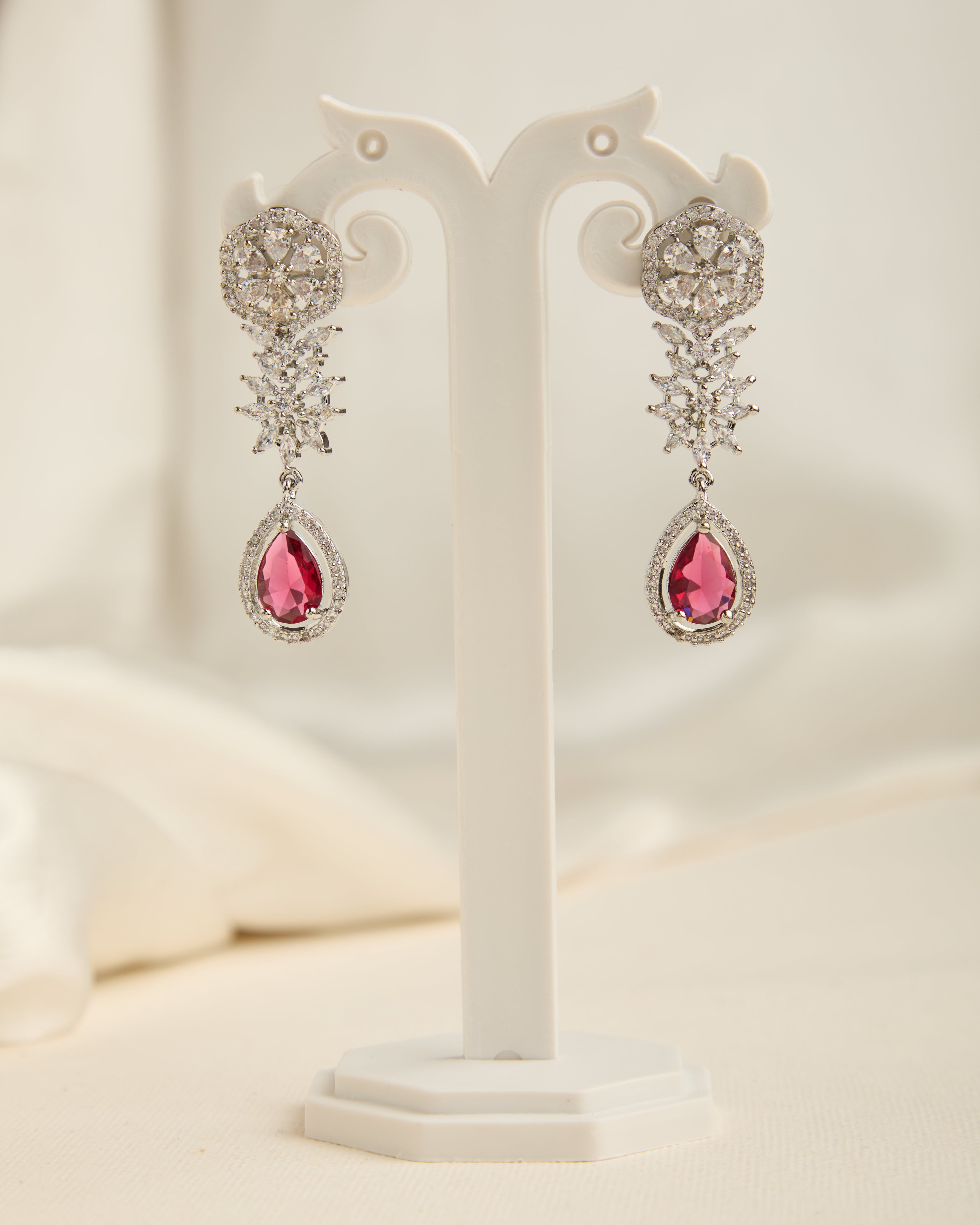 Beautiful Silver Plated Red American Diamond Studded Necklace Set for Women