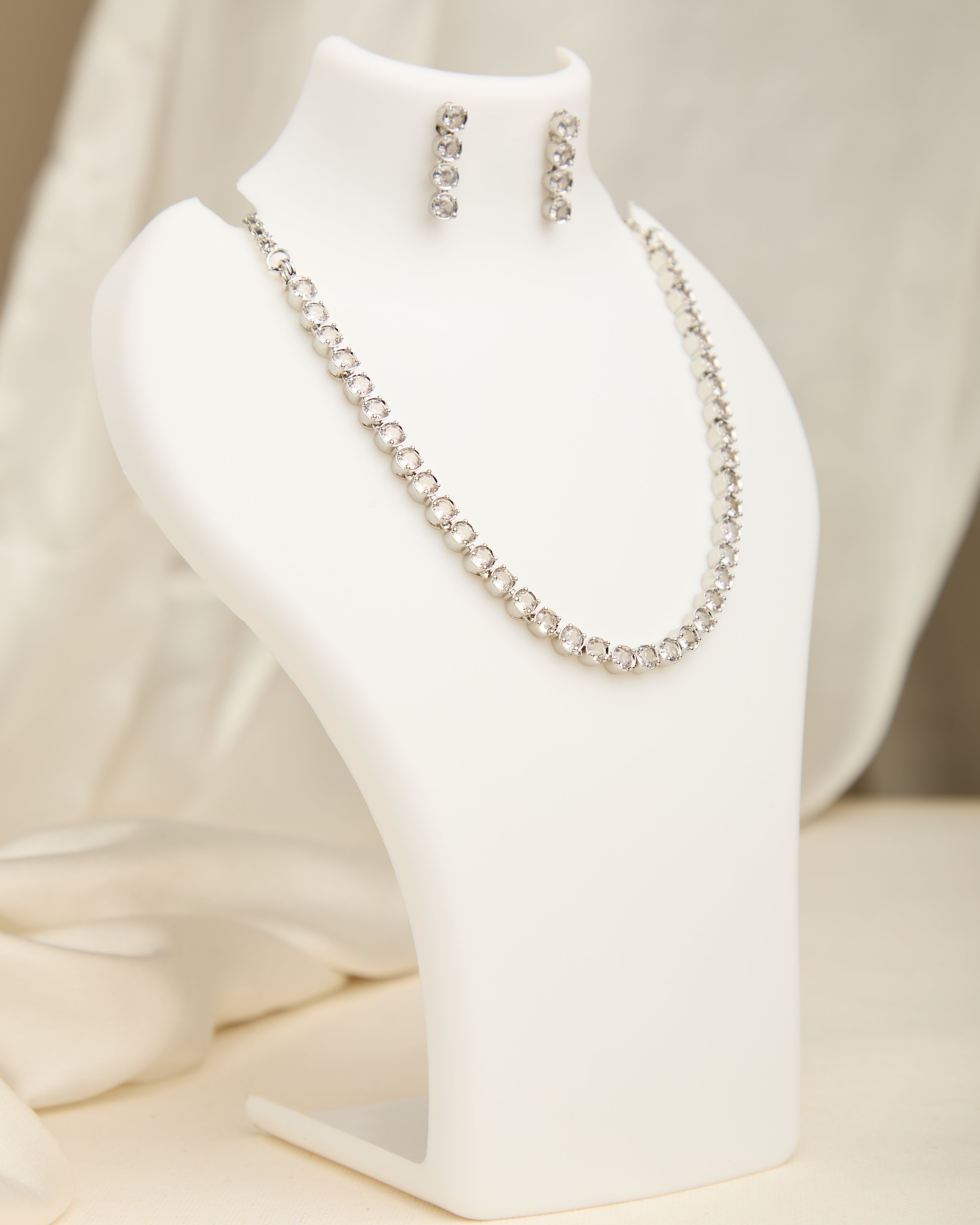 Rhodium and Silver Plated White American Diamond Studded Necklace Set
