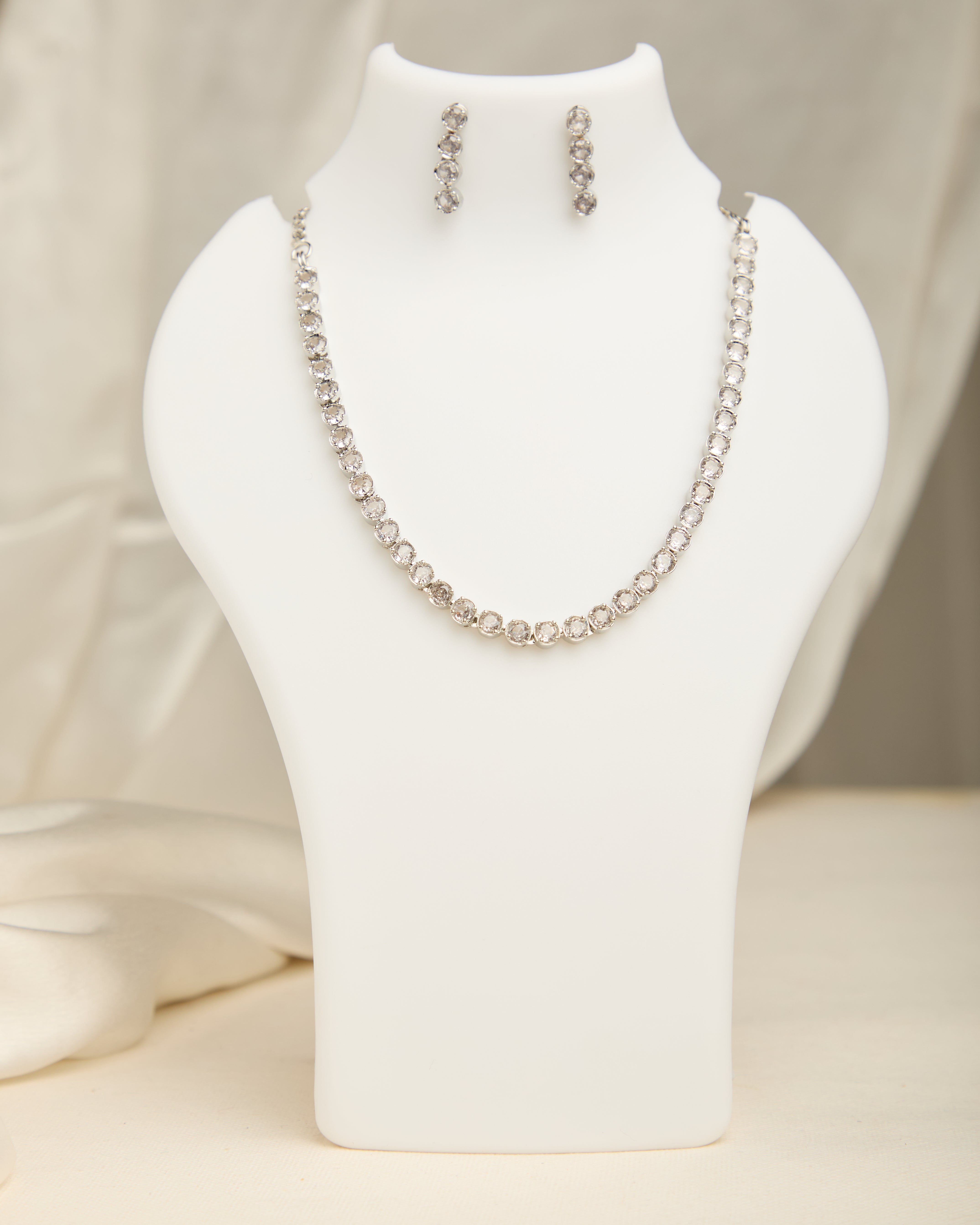 Rhodium and Silver Plated White American Diamond Studded Necklace Set