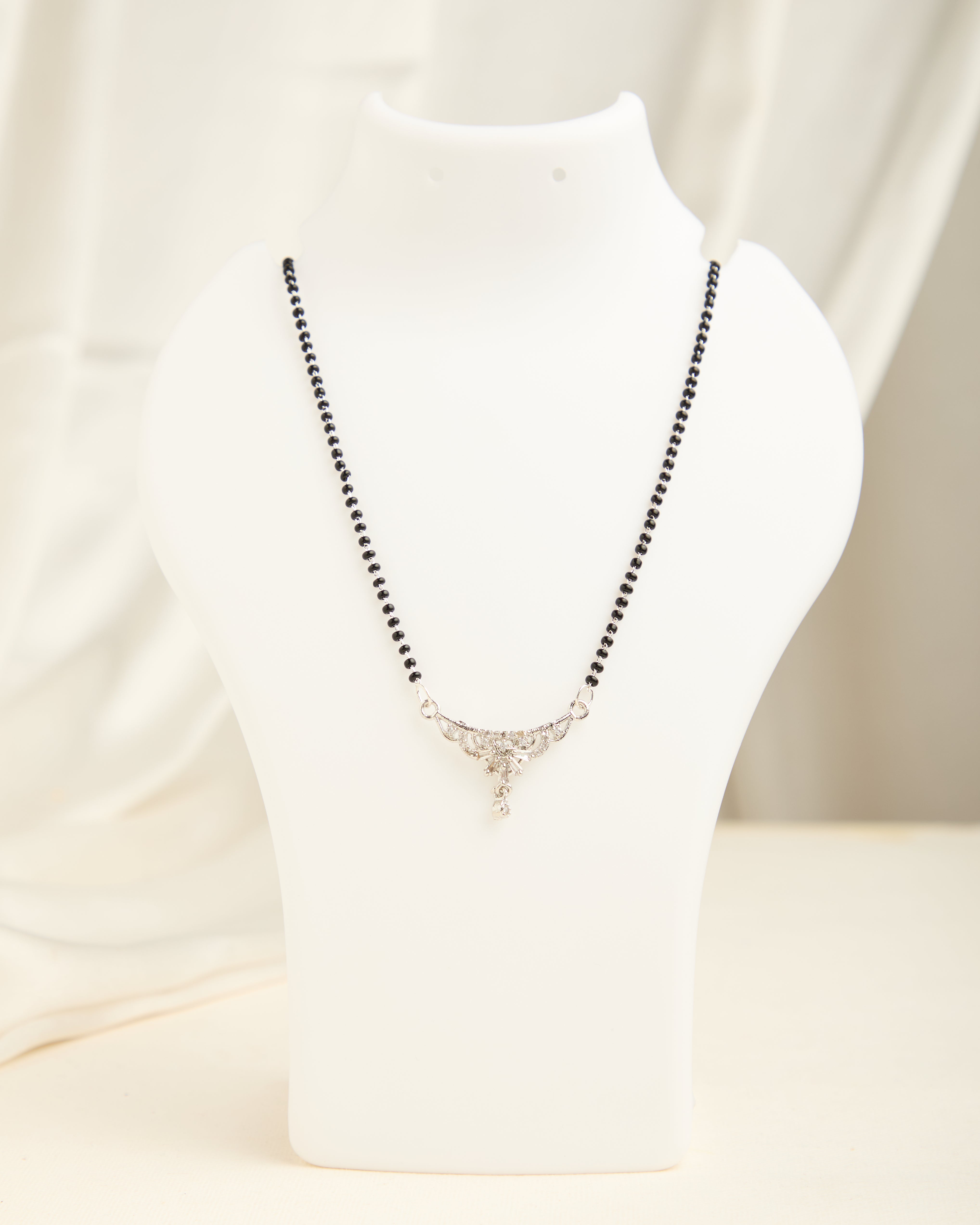 Sparkling Silver Plated American Diamond Studded Black Beads Mangalsutra