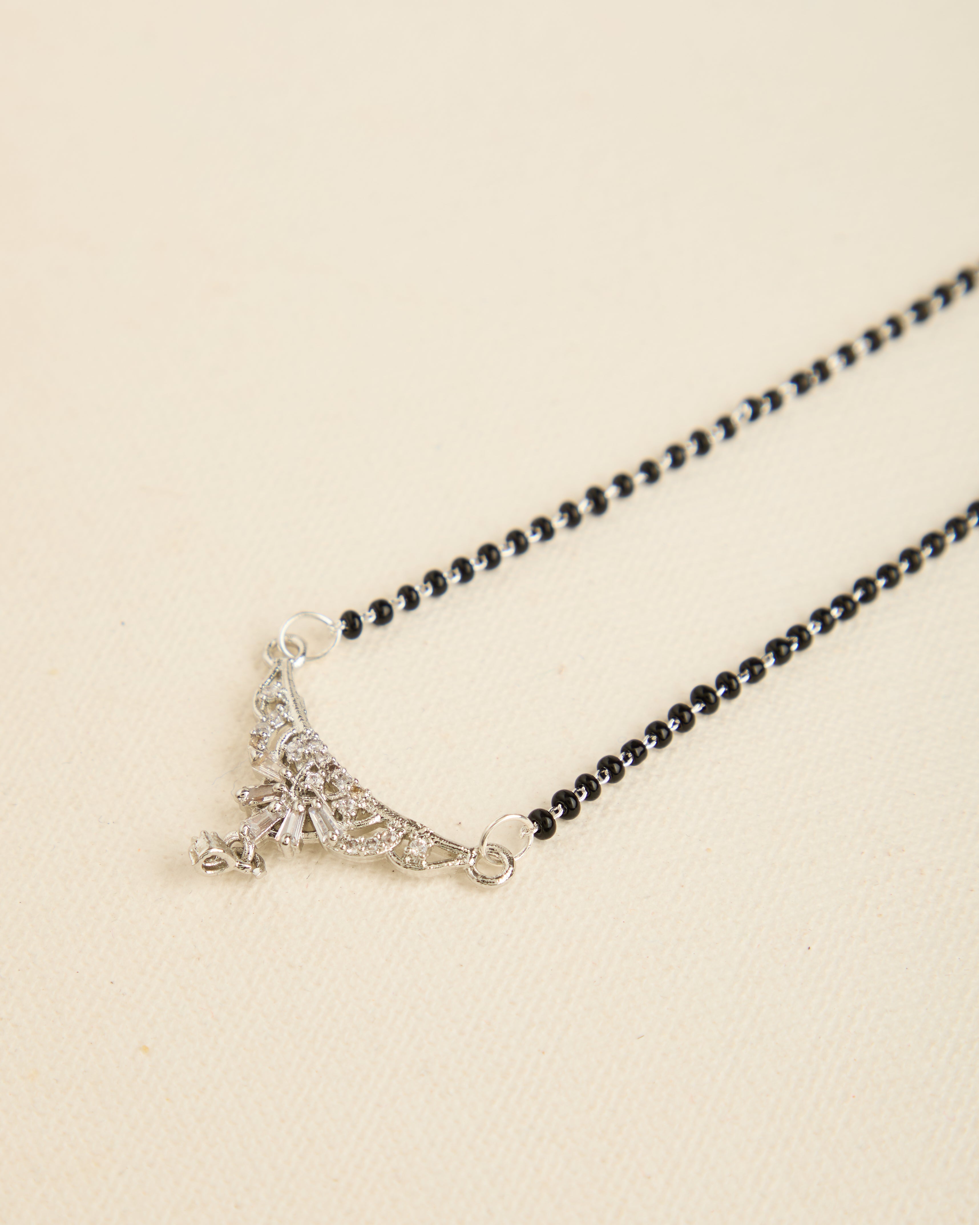 Sparkling Silver Plated American Diamond Studded Black Beads Mangalsutra