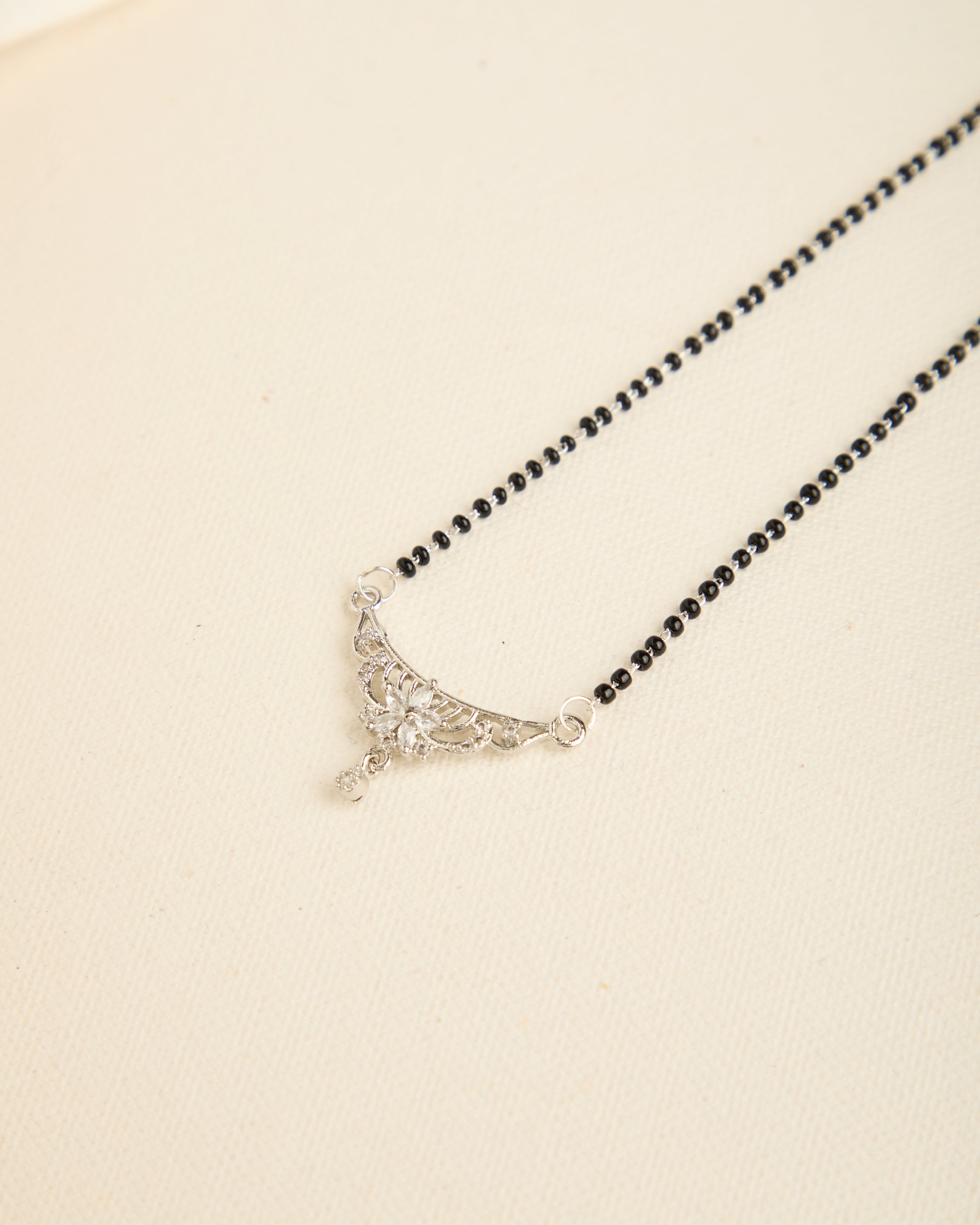 Elegant Silver Plated American Diamond Studded Black Beads Mangalsutra