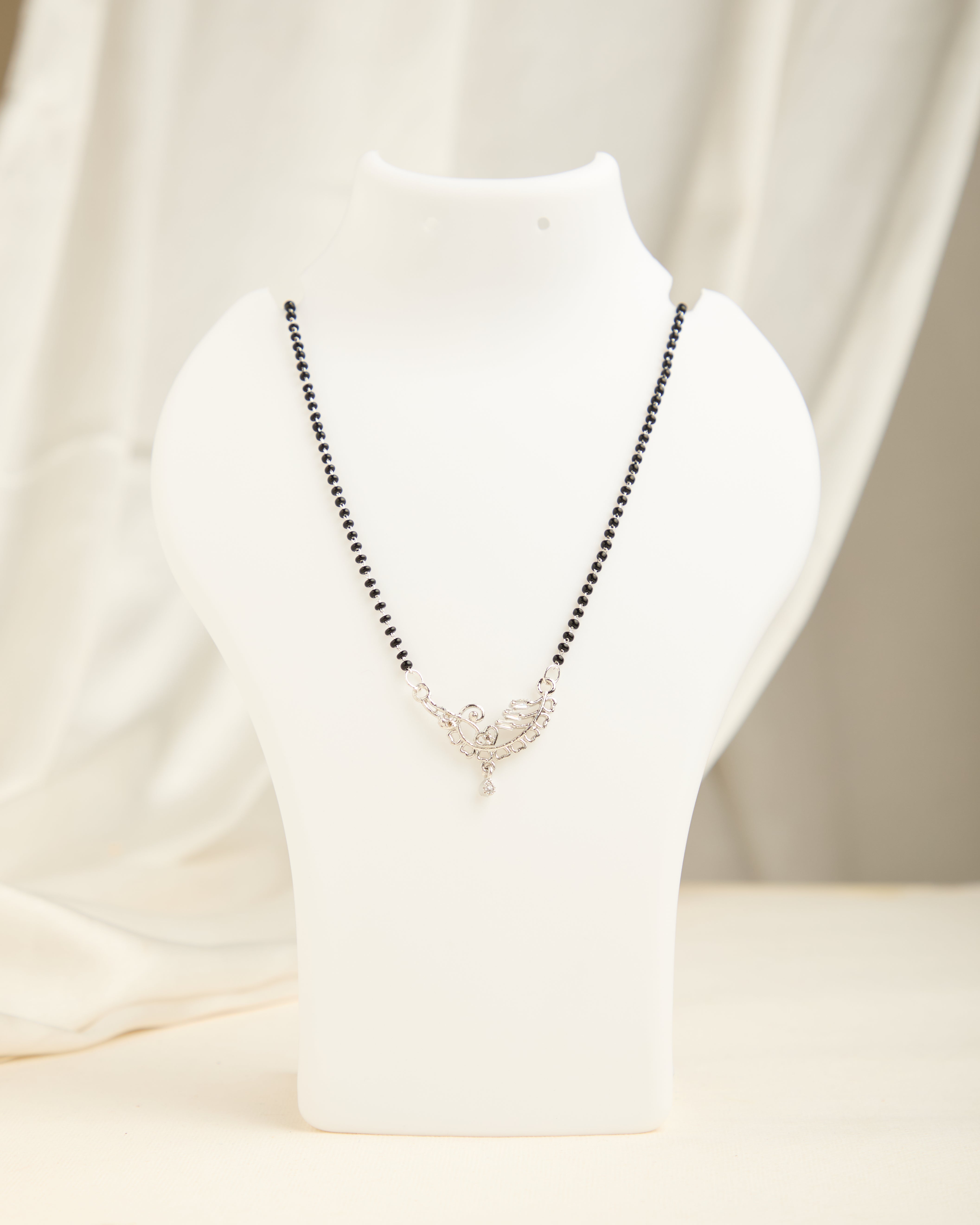 Silver Plated American Diamond Studded Black Beads Mangalsutra for Women