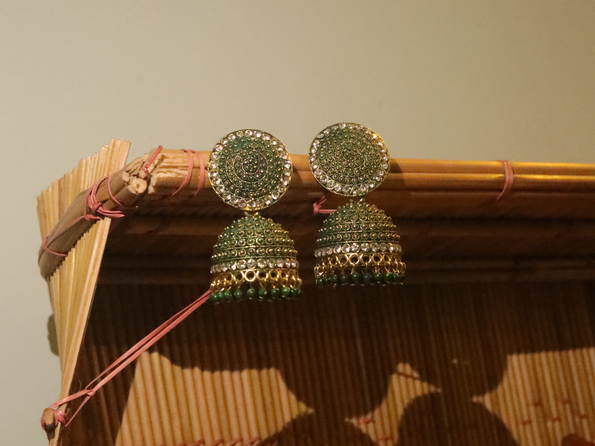 Green Gold Plated Big Kundan Stone Contemporary Jhumkas