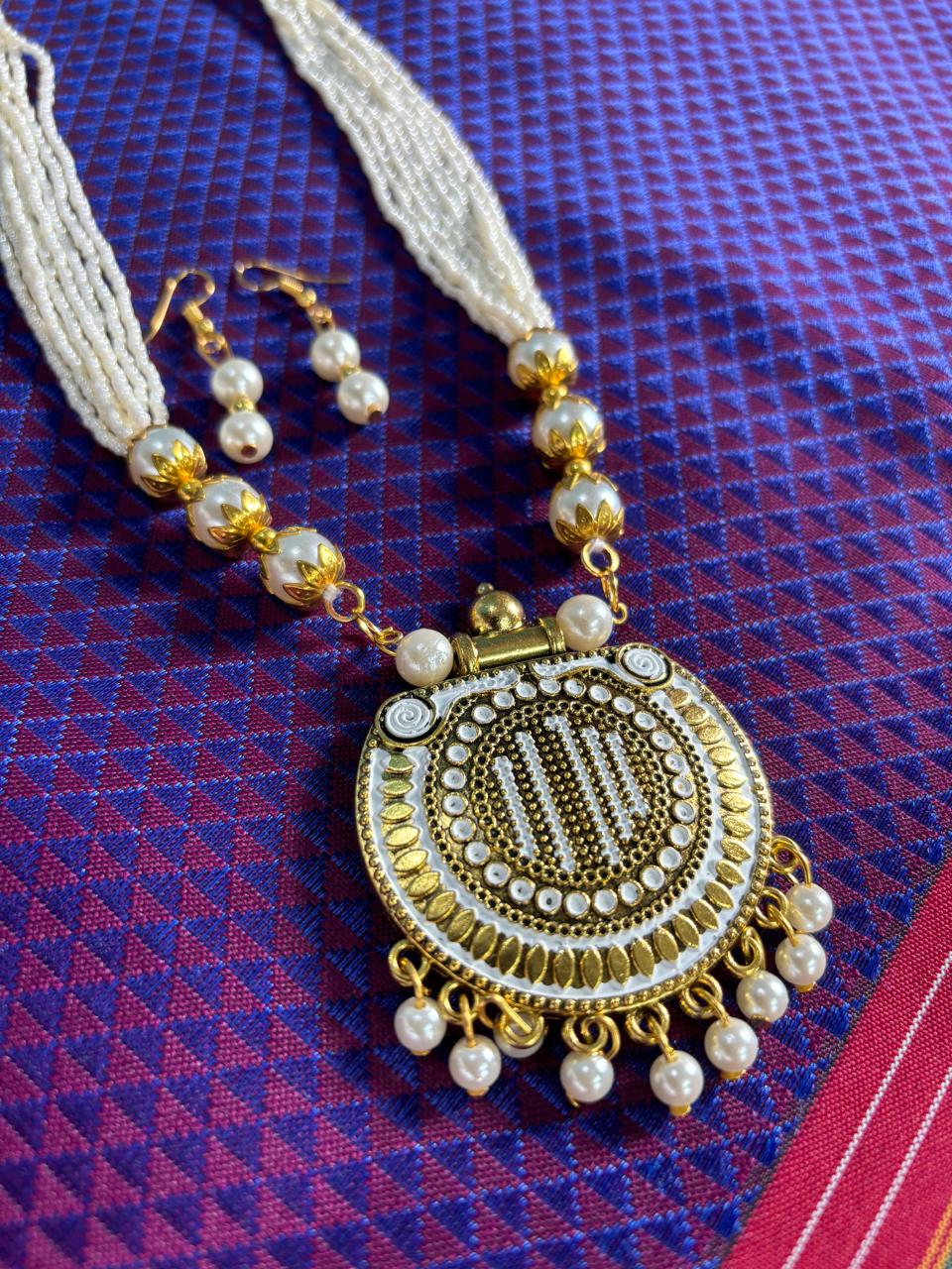 White Moti Mala Set with Earrings for Women