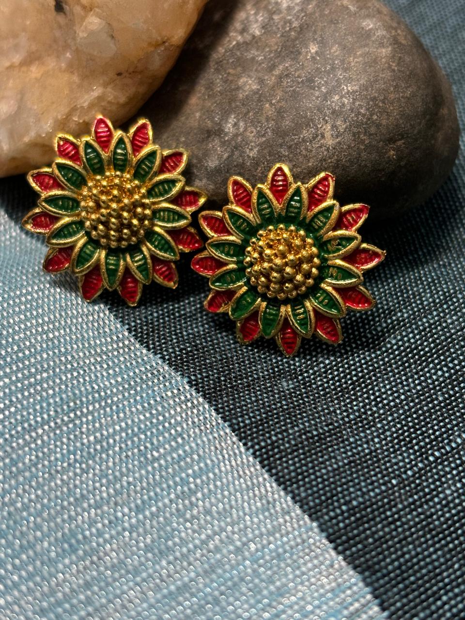 Ethnic Gold Plated Round Alloy Floral Stud Earring