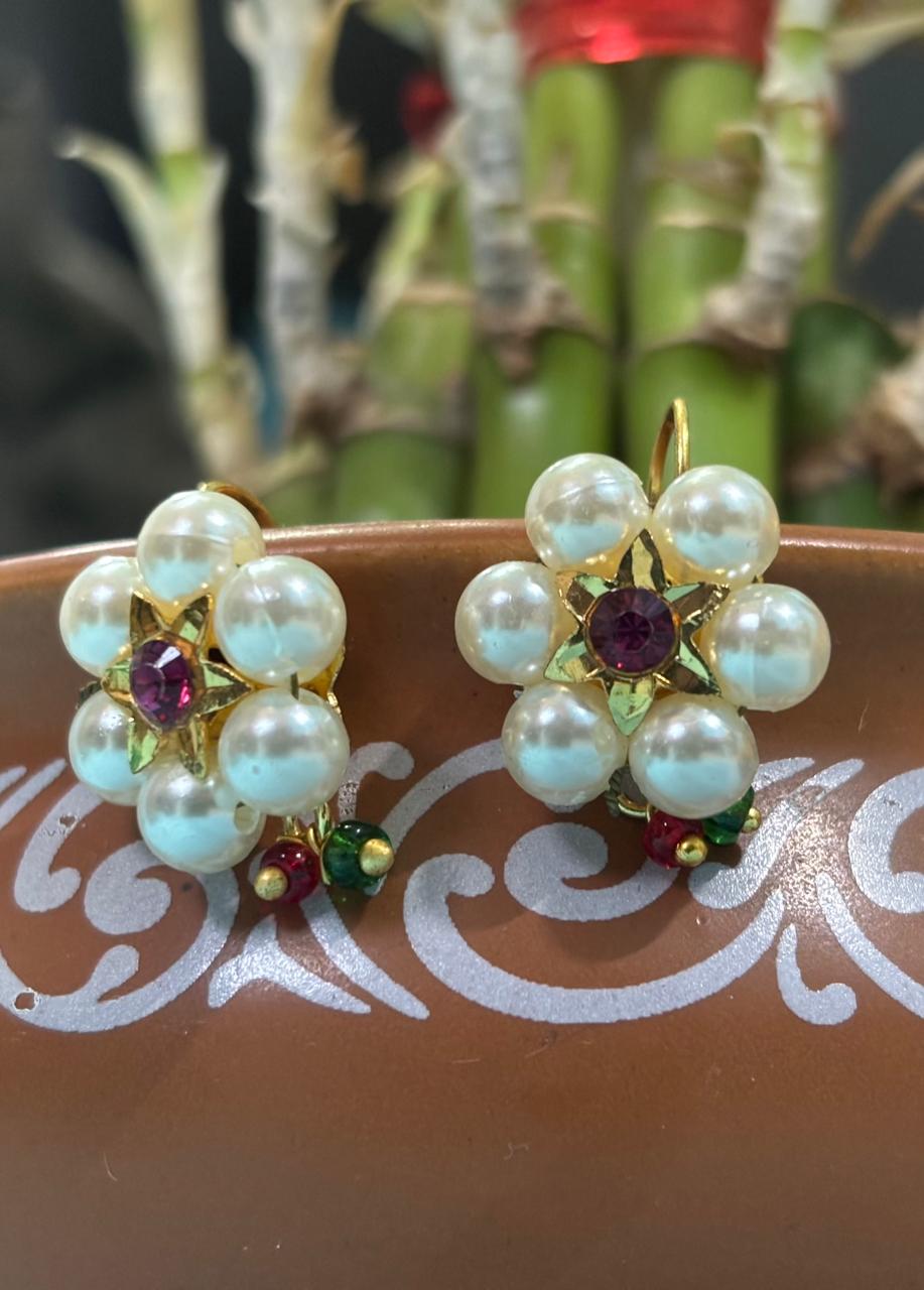 Bugadi Moti Earrings with Pink Stone