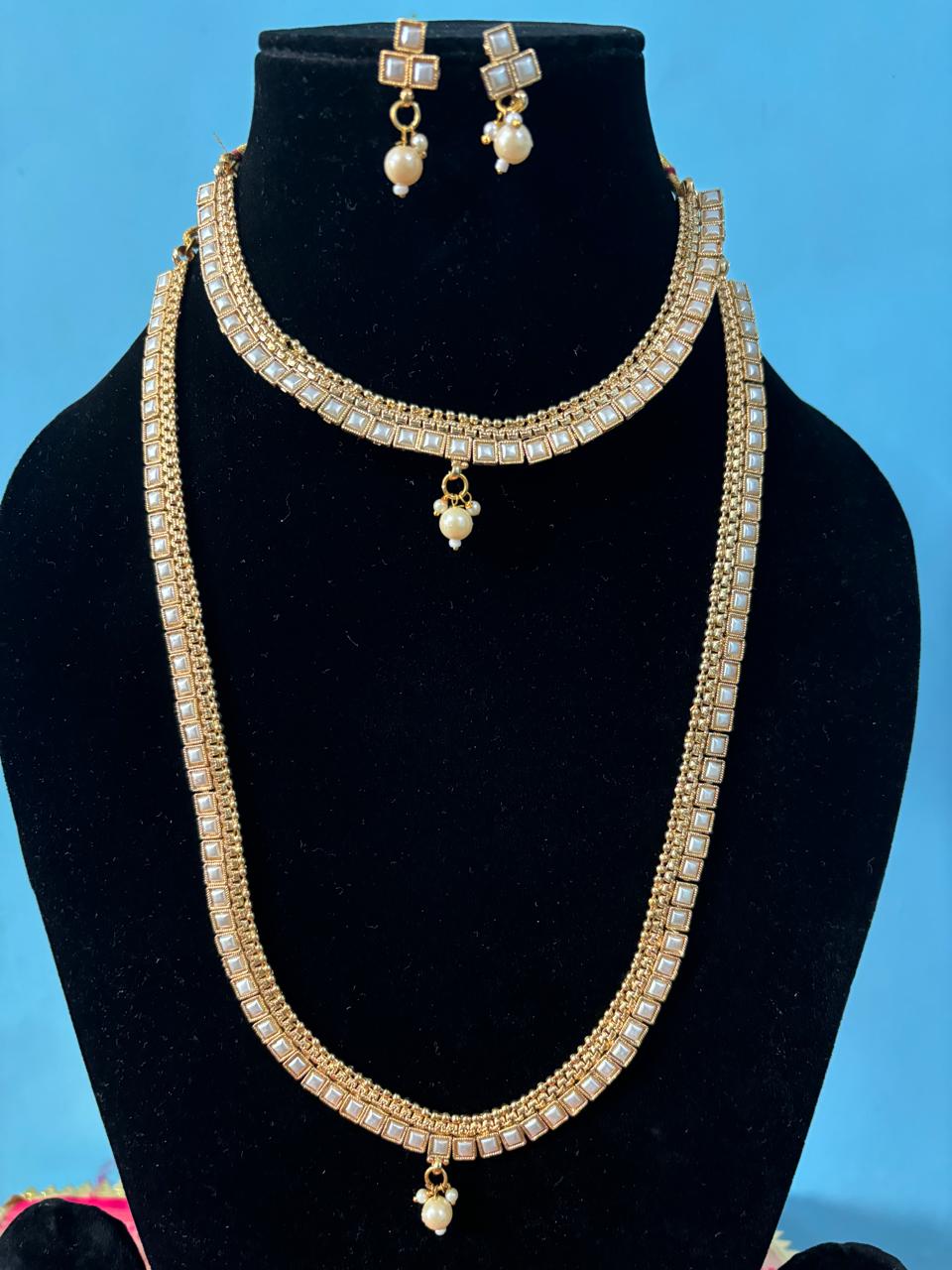 Gold Plated Moti Double Necklace Set