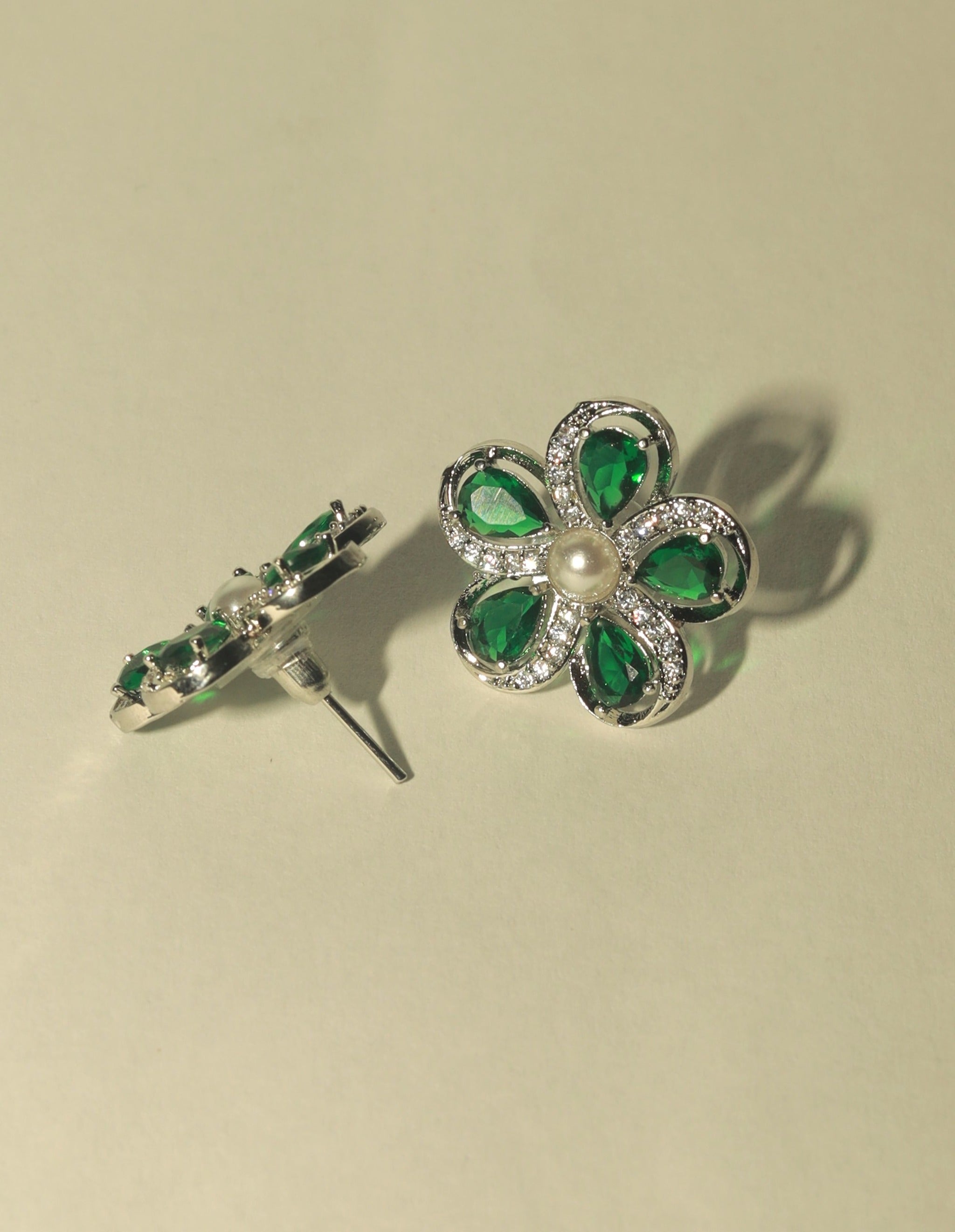 Silver Finish American Diamond Floral Earrings For Women