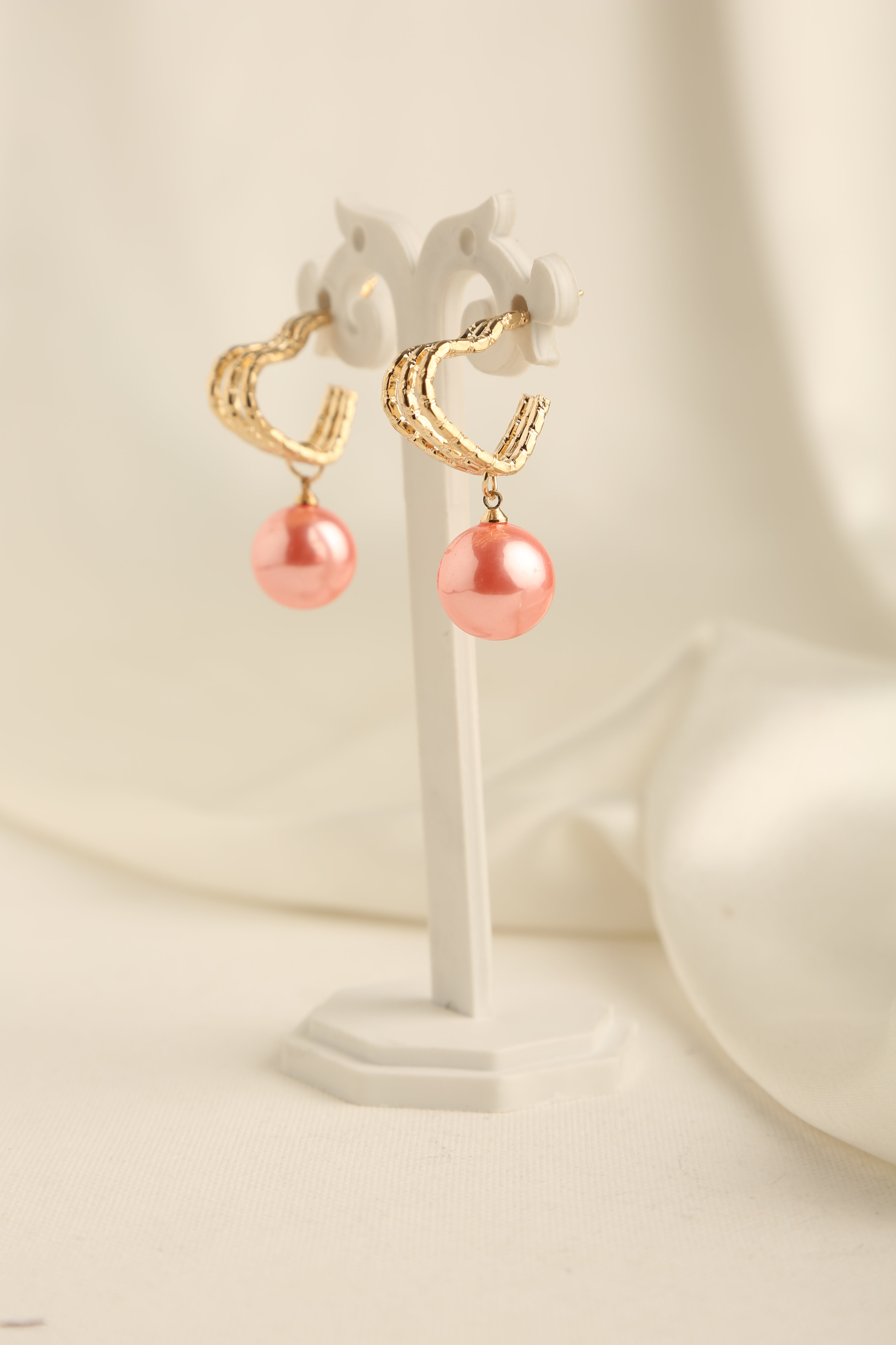 Gold Polish Heart Shaped Single Pearl Earrings for Women