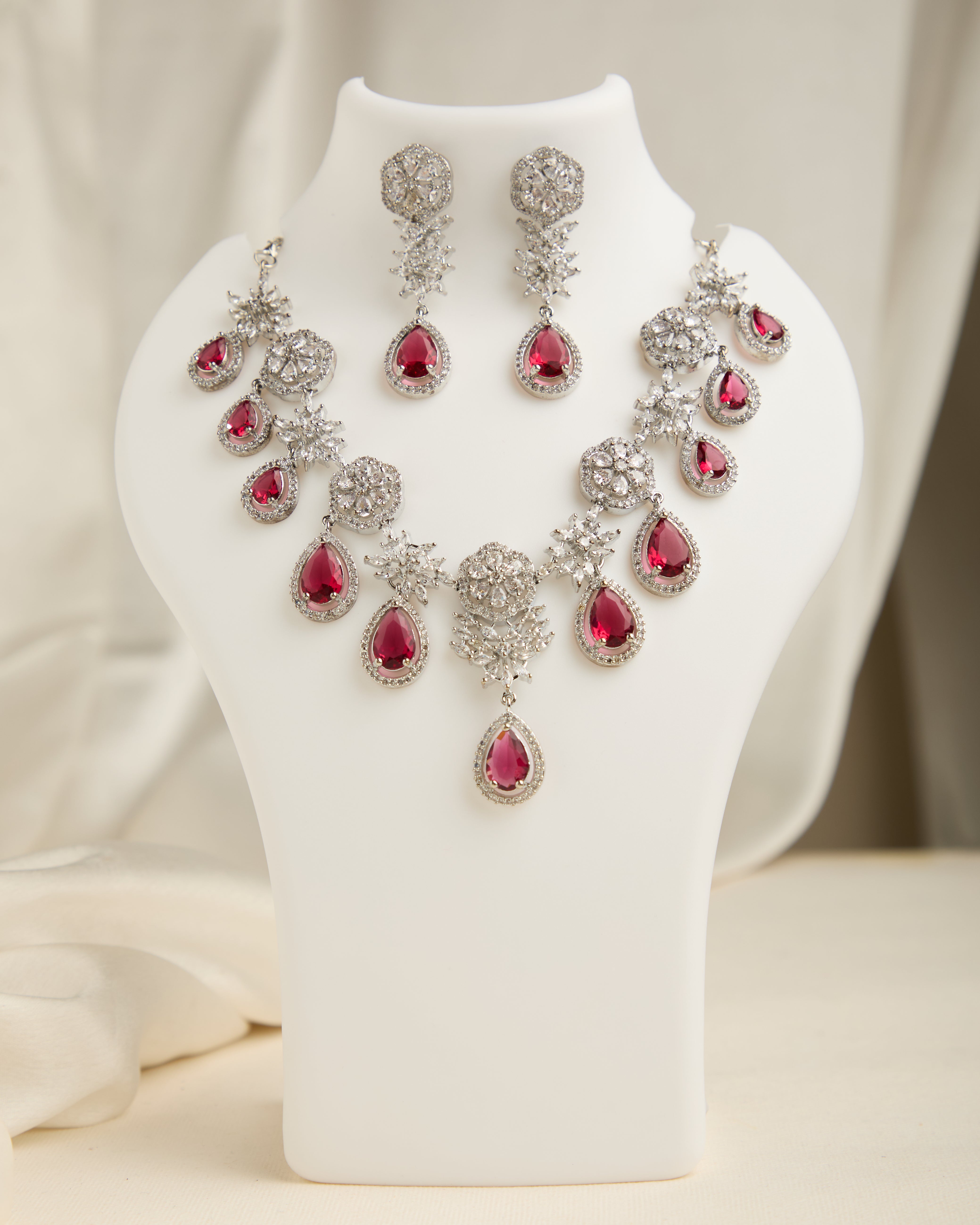 Beautiful Silver Plated Red American Diamond Studded Necklace Set for Women