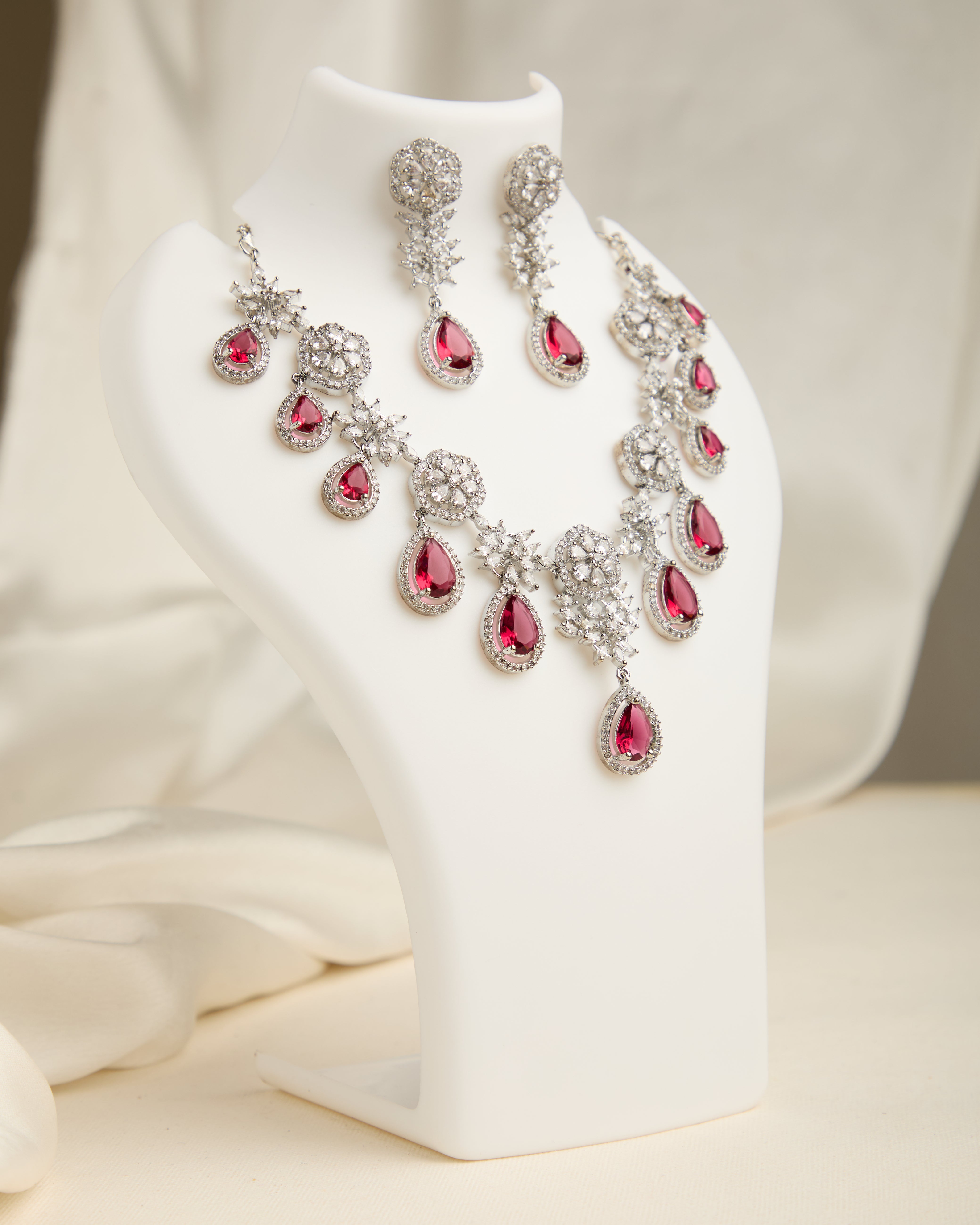 Beautiful Silver Plated Red American Diamond Studded Necklace Set for Women