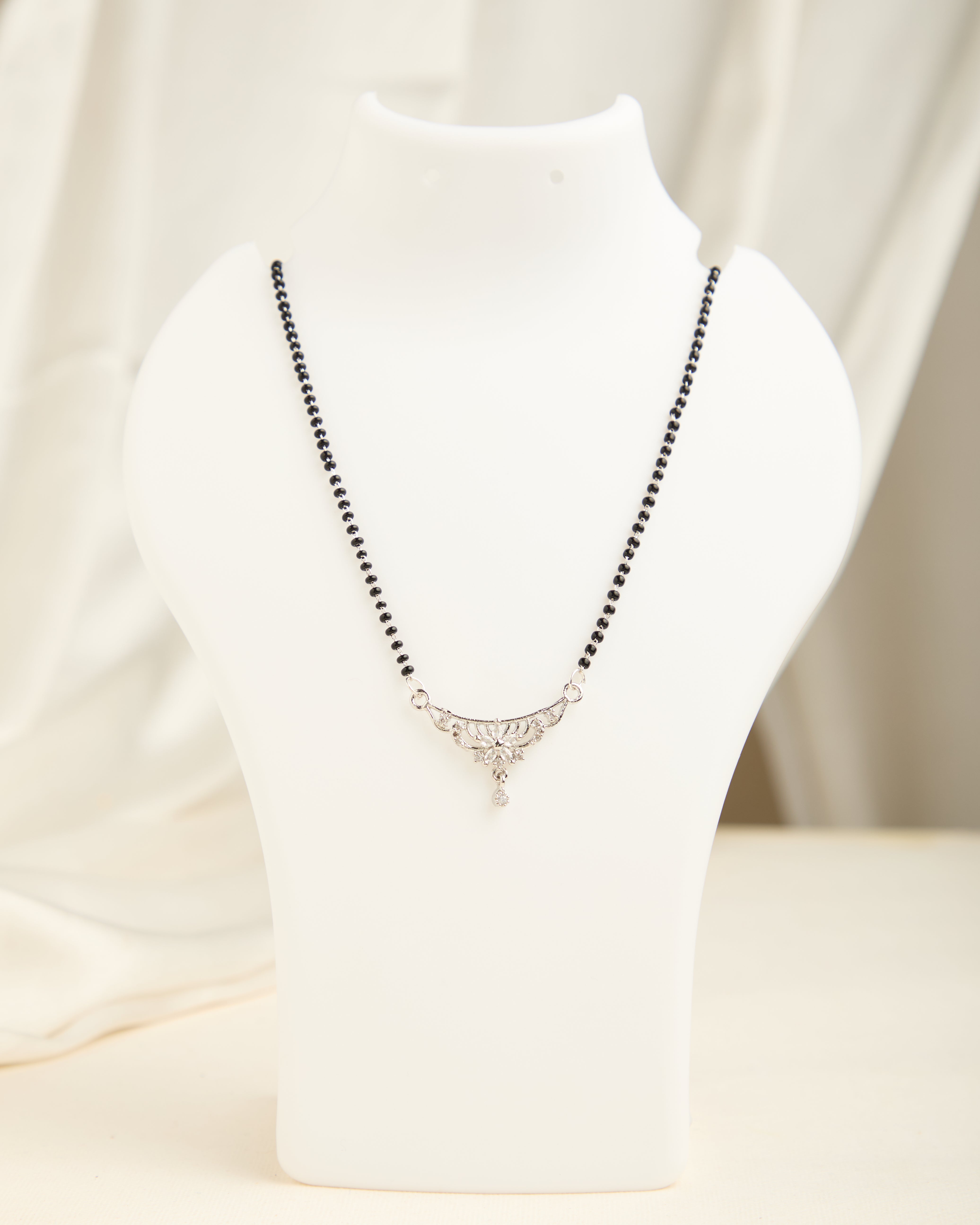 Elegant Silver Plated American Diamond Studded Black Beads Mangalsutra